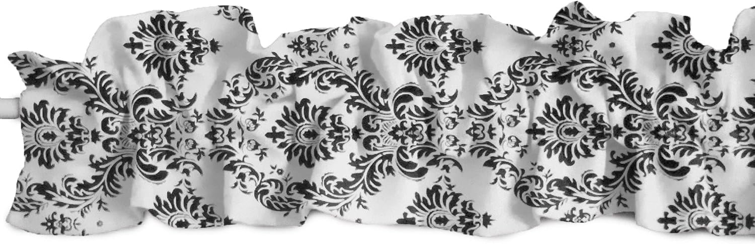 lovemyfabric Floral Damask Taffeta Curtain Sleeve Topper with Top and Bottom Ruffles/Home Decor Window Treatment (72" Wide x 7" Tall, Black on Burgundy)