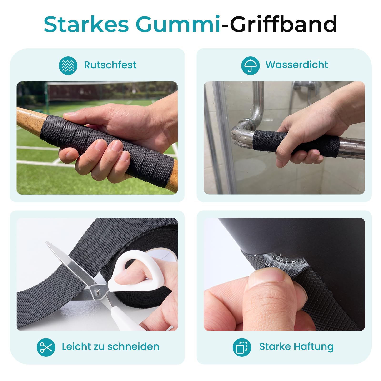 Gummigriffband, Rutschfestes Klebeband ohne Schleifpartikel, Starke Haftung, Wasserdicht und Flexibel für Griffe, Werkzeuge und Geräte, Zuschneidbar, (Schwarz, 10 cm x 5 m)