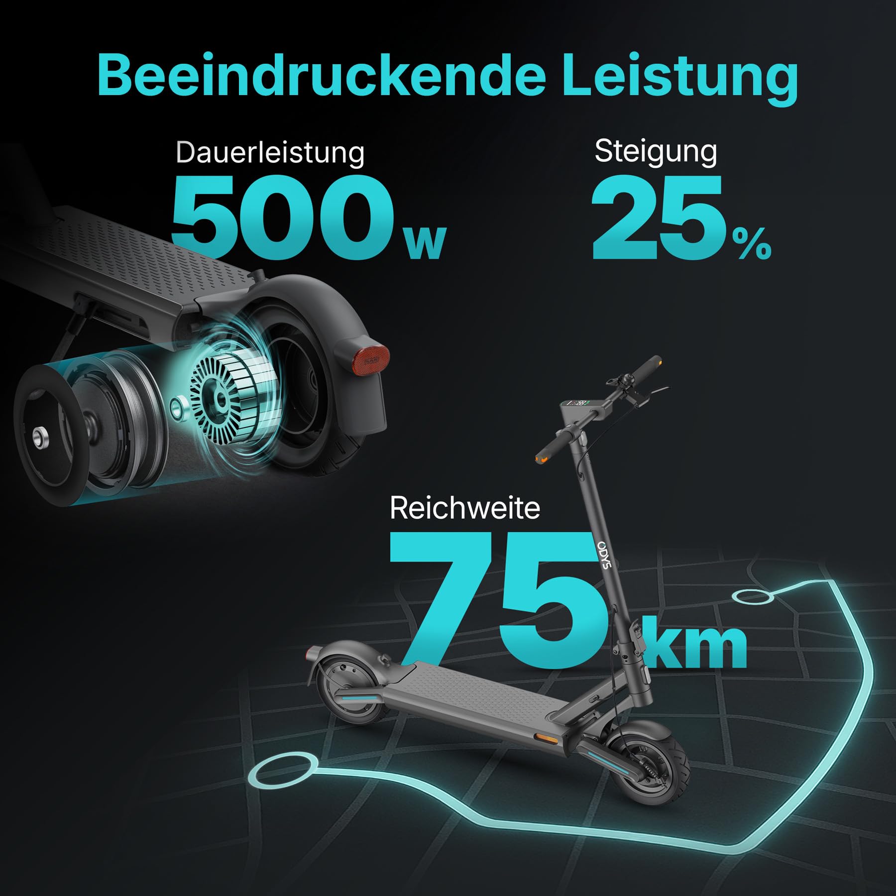 Odys E-Scooter mit Straßenzulassung und Blinker (je nach Modell bis zu 75 km Reichweite & bis zu 25% Steigung, max. 20km/h, klappbar) E-Roller mit Straßenzulassung Elektroscooter Elektroroller