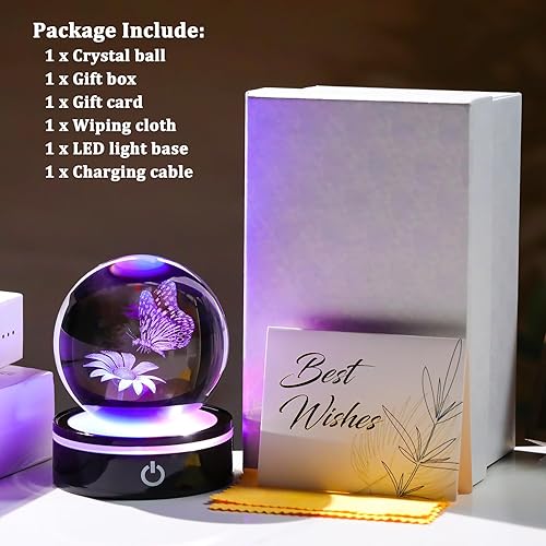 Miniatura 6 de YWHL Figura de mariposa y flor de bola de cristal 3D con base LED colorida, regalos de mariposa láser para mujeres y hombres en cumpleaños de