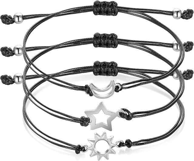 Friendship Bracelets for 3 Sun Moon Star String Bracelets Adjustable Friendship Promise Matching Bracelets Distance Friend Silver Charm BFF Bracelet Set for Women Girls Gifts