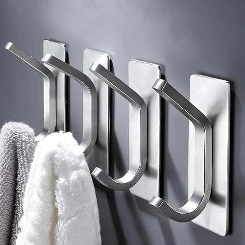DELITON Ganchos adhesivos para toallas de baño, paquete de 4 ganchos resistentes para pegar en la pared, perchas impermeables para batas y abrigos