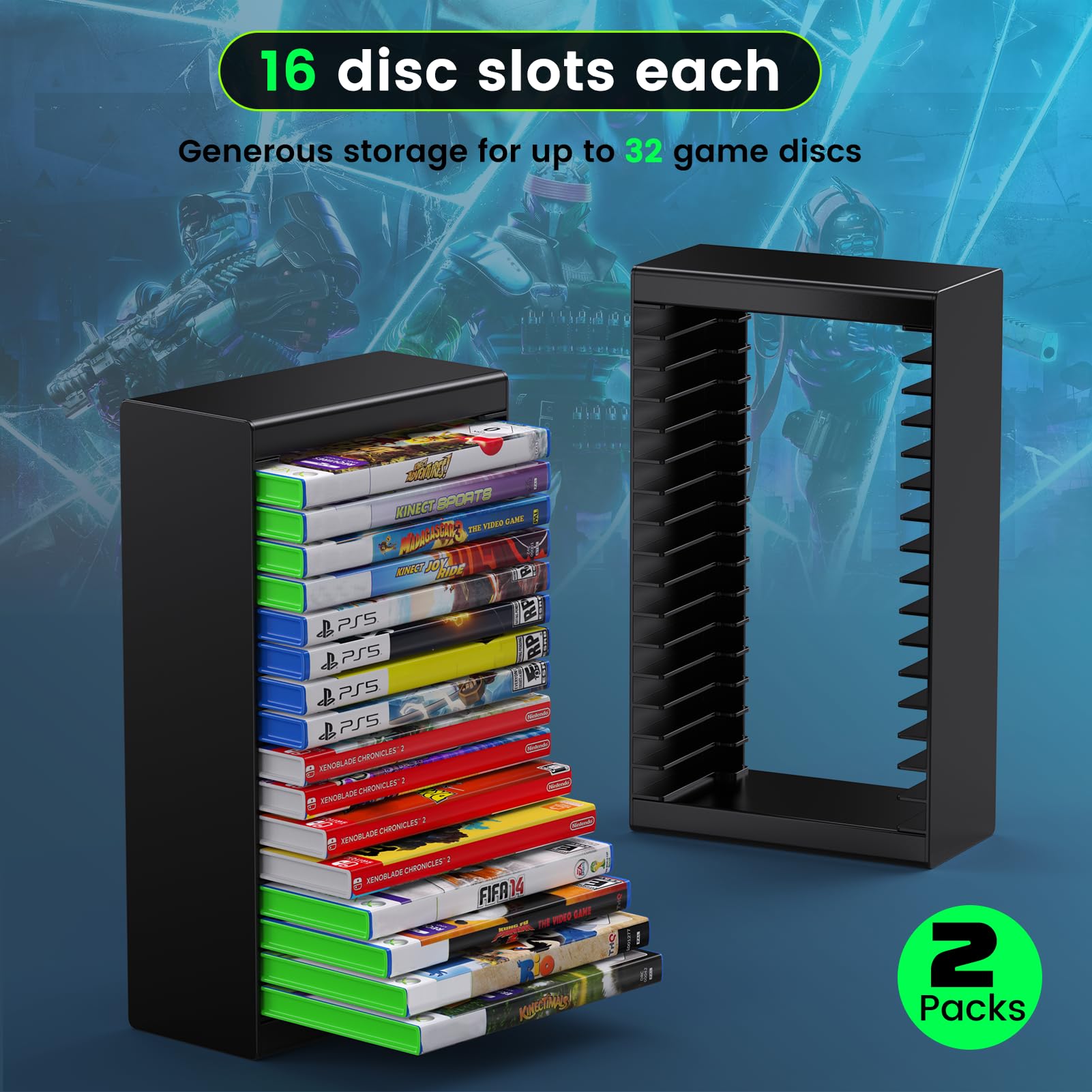 Number-one Game Disc Storage Rack, Universal Game Holder Rack for PS5/PS4/PS3/SW1/SW2/Xbox One/Xbox Series S/X CD with 2 Shelves 32 Storage Slots 8 Nails PS5 Disc Holder for Wall Mount/Desk/Floor - PlayStation 5 - Very Good - Used Accessory - Image 3