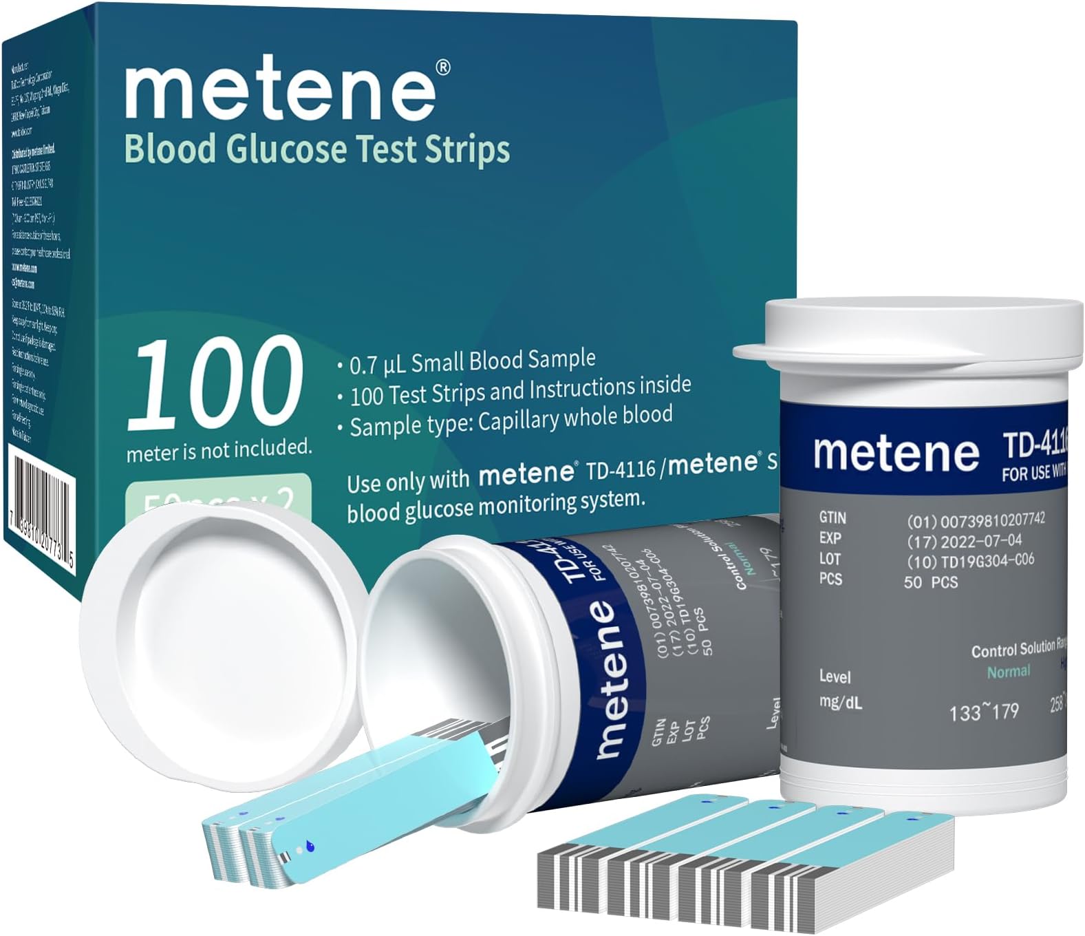 Metene TD-4116 Blood Glucose Test Strips, 100 Count Blood Sugar Test Strips for Diabetes, Use with metene TD-4116 and metene S Blood Glucose Monitoring System Only(No Monitor)