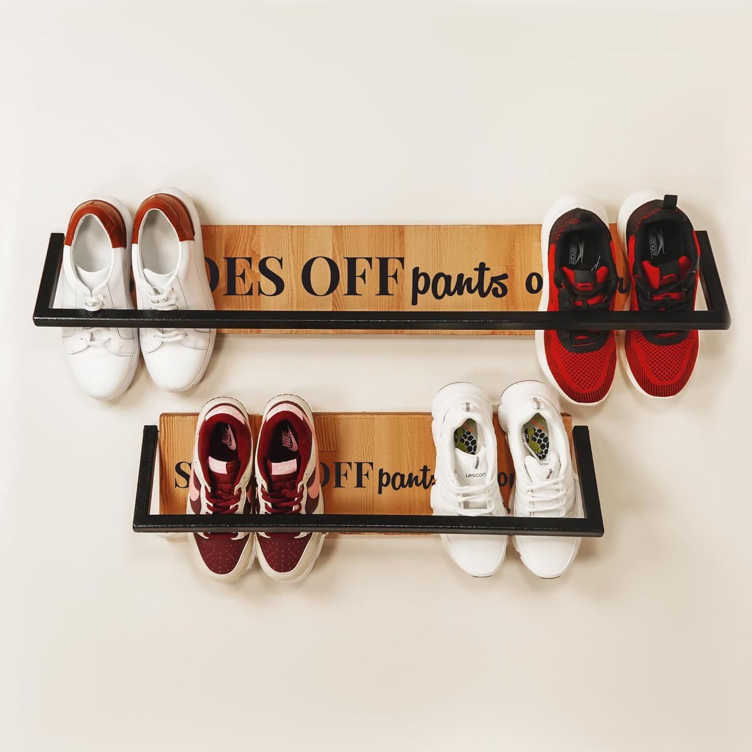 Custom Wall Mounted Wooden Shoe Rack – Personalized Beech Wood Entryway Organizer for Indoor & Outdoor – Handmade Family Shoe Holder – Entryway Storage Solution – Multiple Wood & Print Color Options