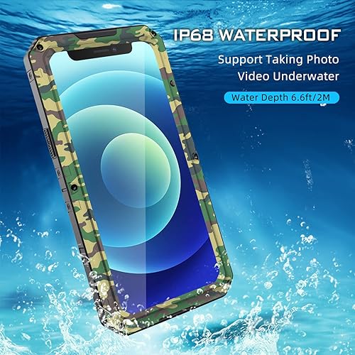 Vista 4 de Mitywah Funda resistente al agua para iPhone 12, funda a prueba de golpes de uso intensivo con protector de pantalla incorporado, funda metálica