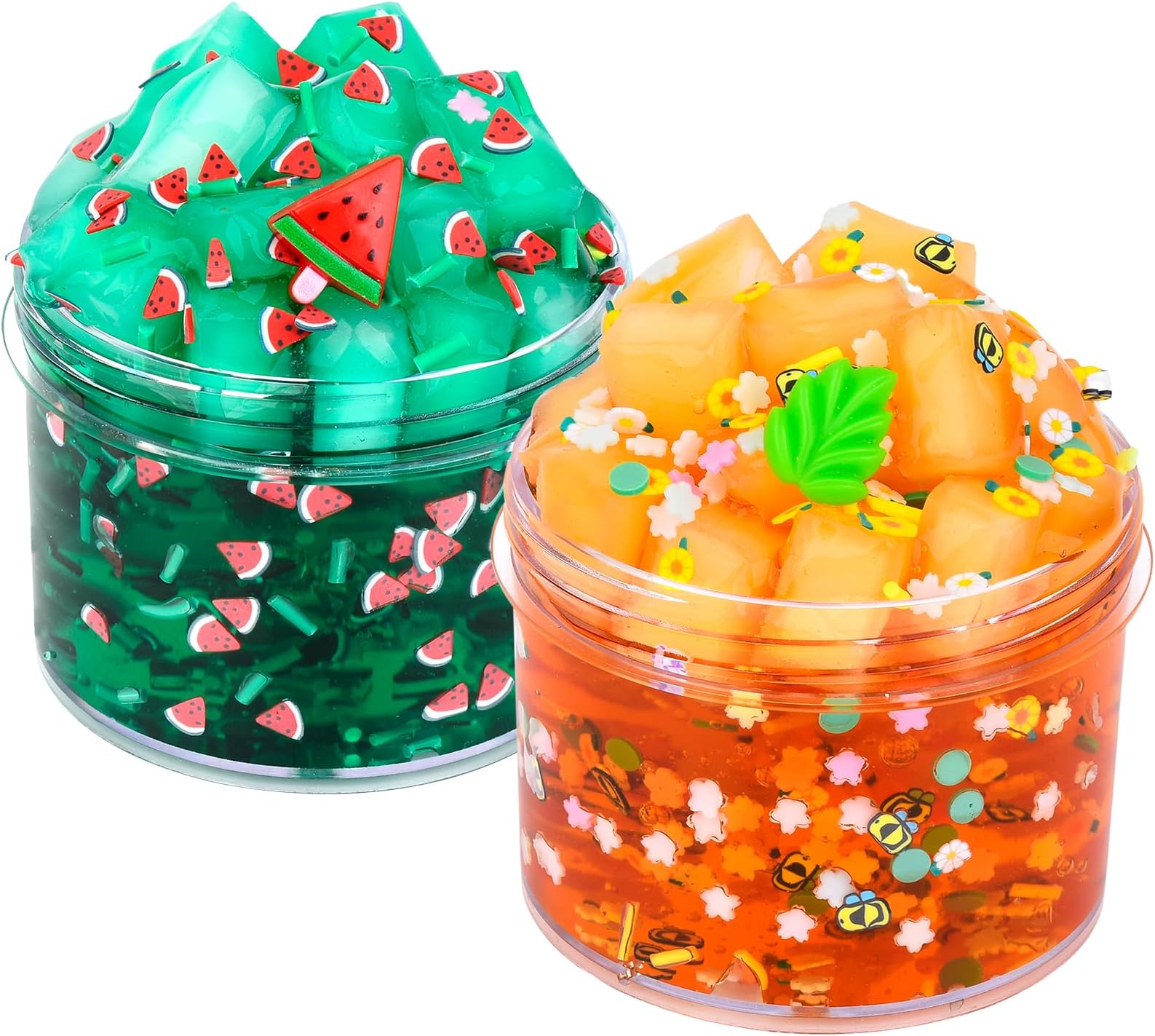 2 Pack Jelly Cube Crunchy Slime Kit, with Leaves and Watermelon Charms Crystal Clear Crunchy Slime, Super Soft Putty Supplies Toys, Slime Party Favors for Kids, Stress Relief, for Girls & Boys