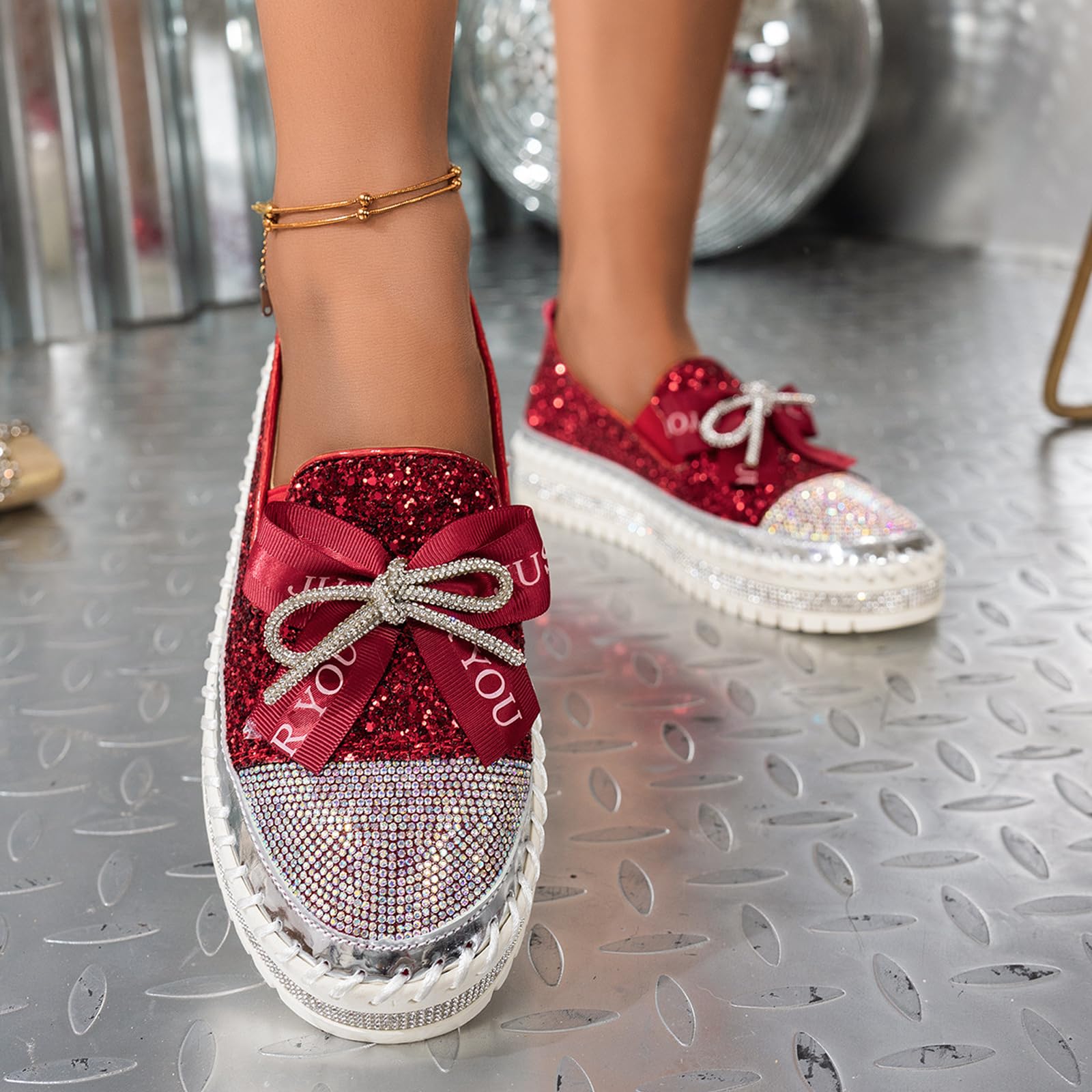 Zapatos casuales cómodos de moda con diamantes de imitación brillantes para mujer, zapatos de moda para mujer, con lazo decorado con lazo, zapatos planos casuales