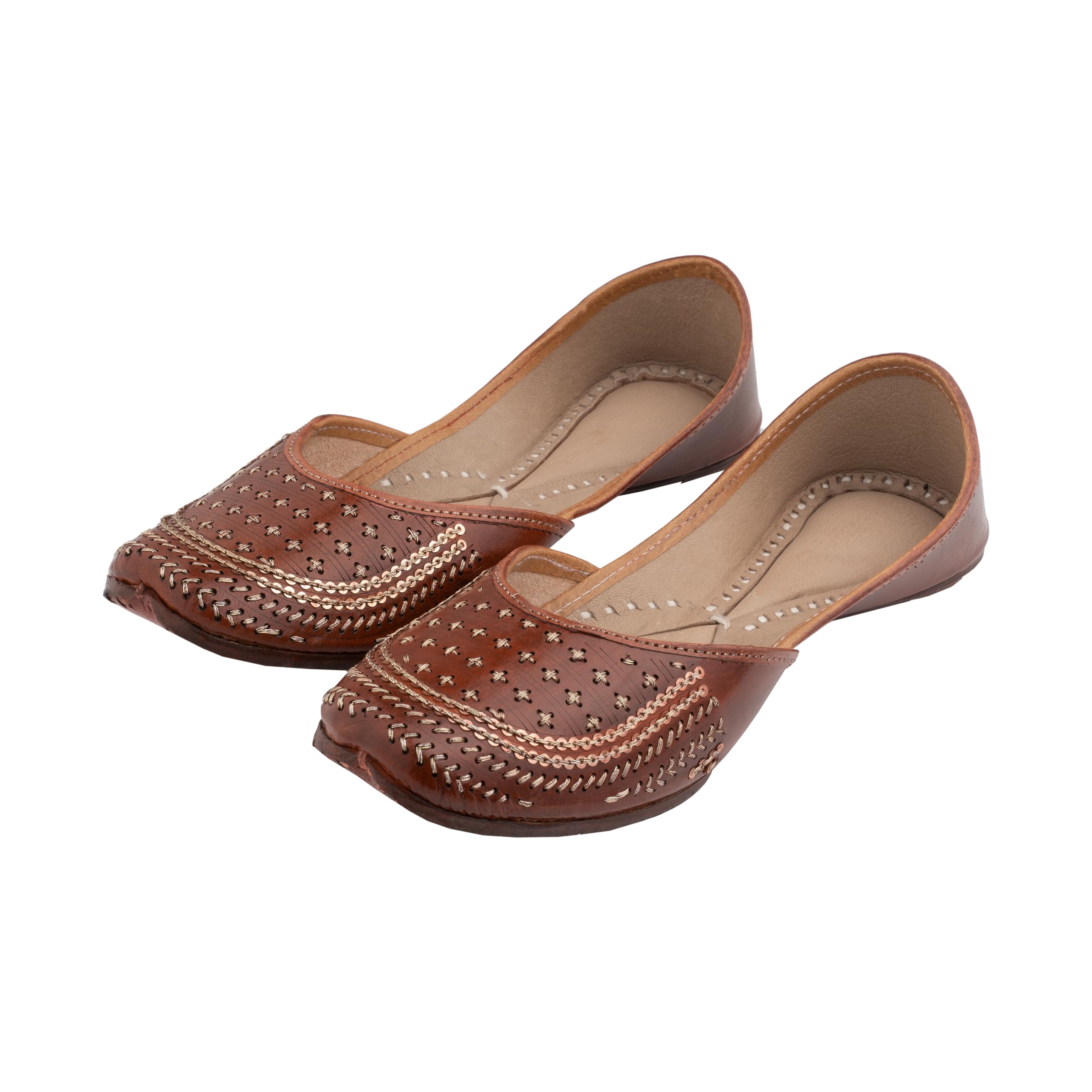 KORAKARI Women's Traditional Ethnic Sepia Punjabi Jutti, Leather Flat Comfortable Mojaris for Girls (Size: UK4-9, Red Brown)