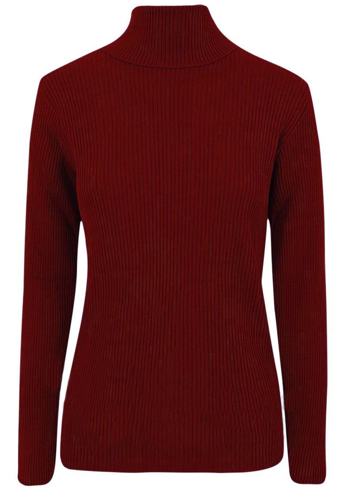 ER Direct Ladies Ribbed Stretch Polo Neck Top Womens Jumper Turtle Neck Long Sleeve Soft Knit 8-14 (Wine, 12-14)