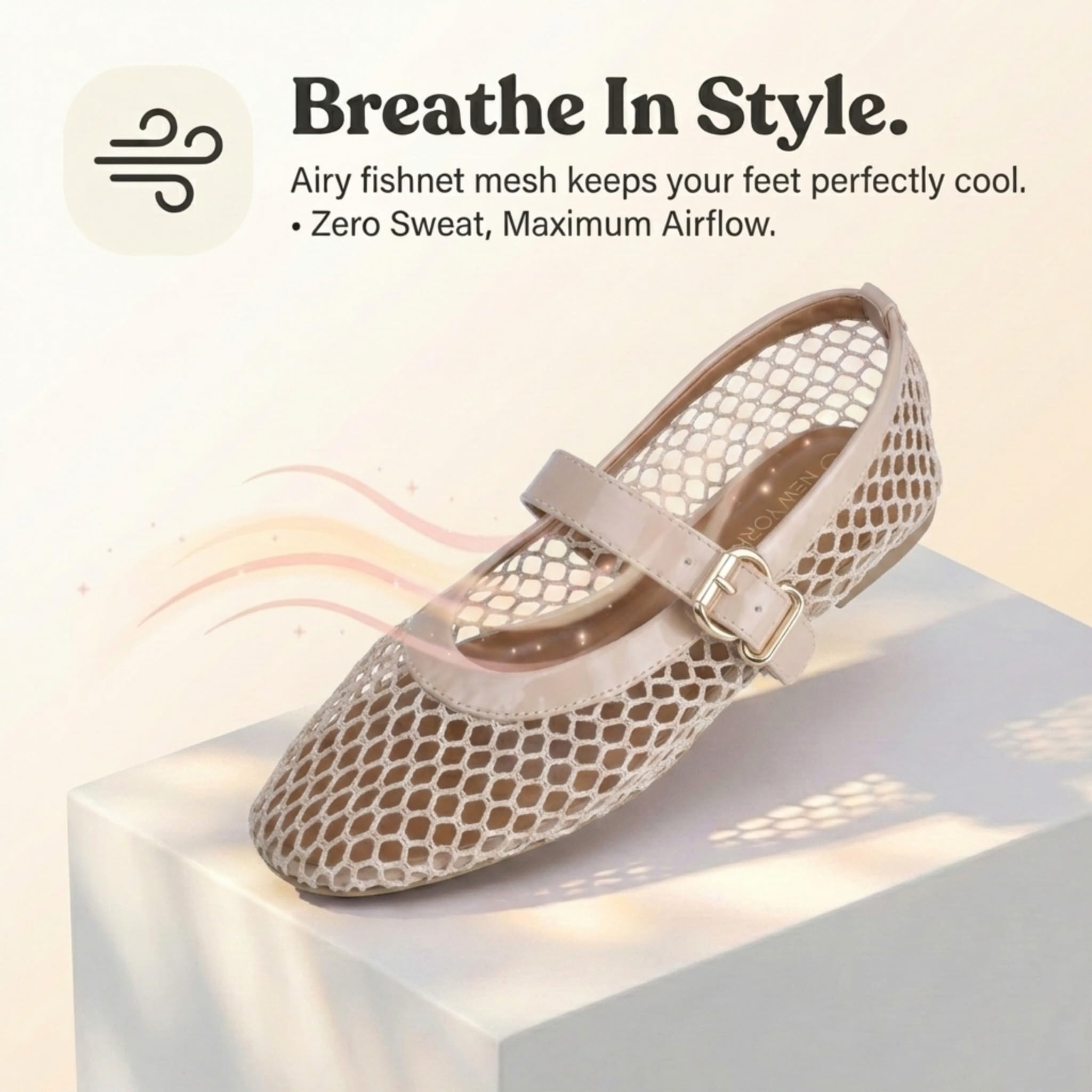 EMMA NEW YORK Mesh Ballet Flats for Women, Mary Jane Mesh Ballet Flats Shoes for Women with Buckle Strap (Nude, 11)
