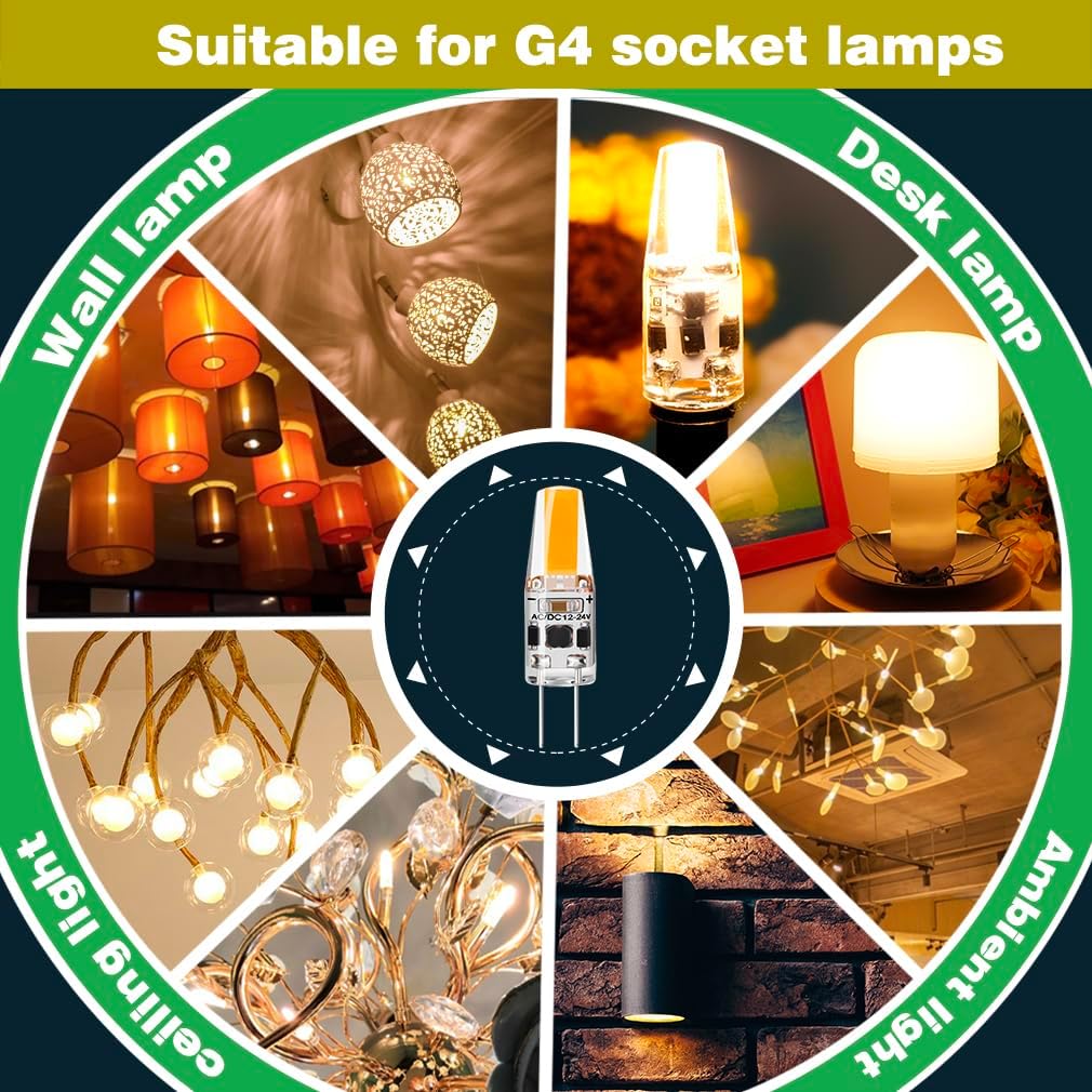 G4 LED Bulb 2W, Warm White 3000K, AC/DC 12V-24V 1505 COB LED Light Bulbs Equivalent to 20W T3 JC Type Bi-Pin G4 Base Halogen Bulb, 6-Pack