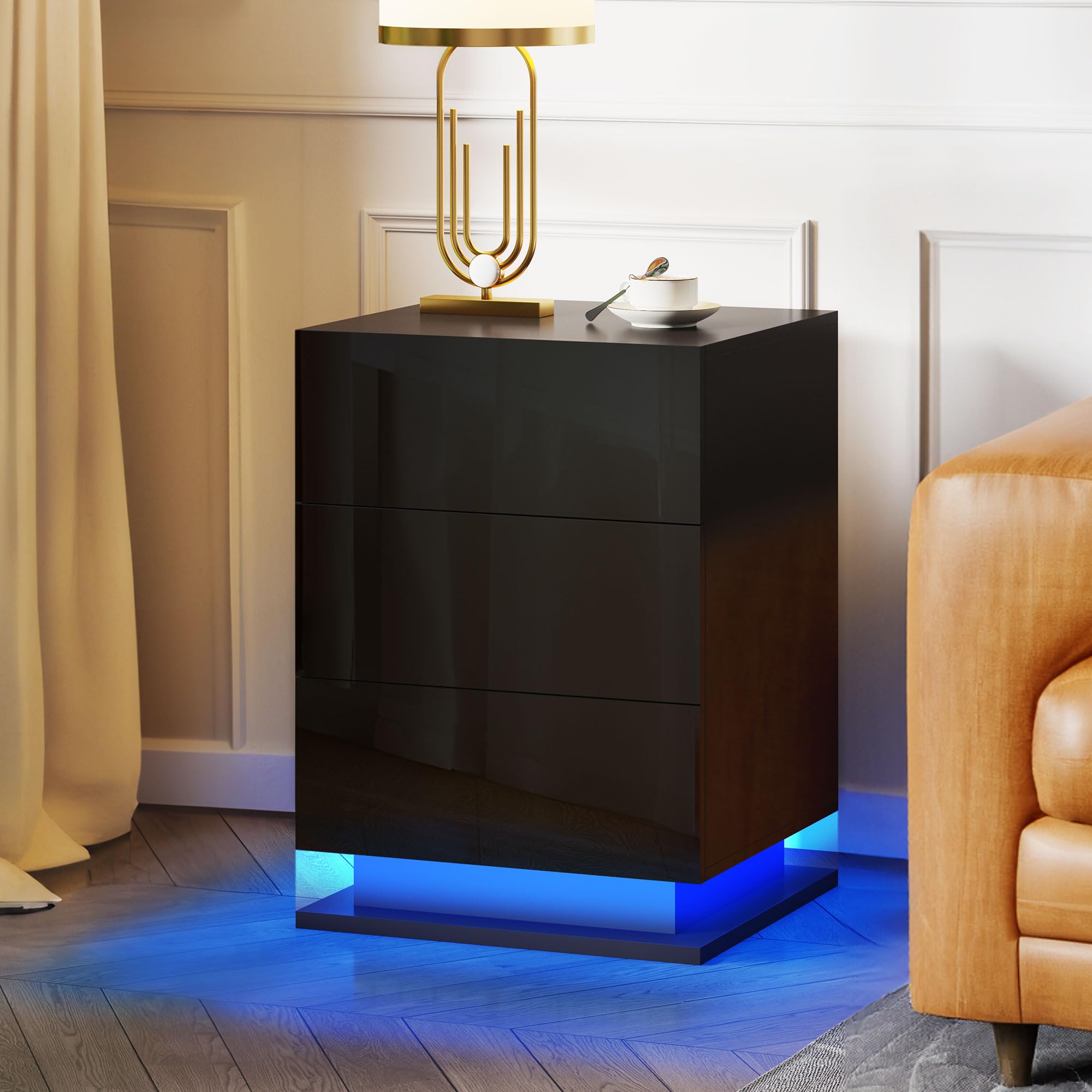 Photo 1 of **MISSING PARTS*FOR PARTS ONLY**
YITAHOME Nightstand with LED Lights, High Gloss Bedside Tables with 3 Drawers, Tall Floating