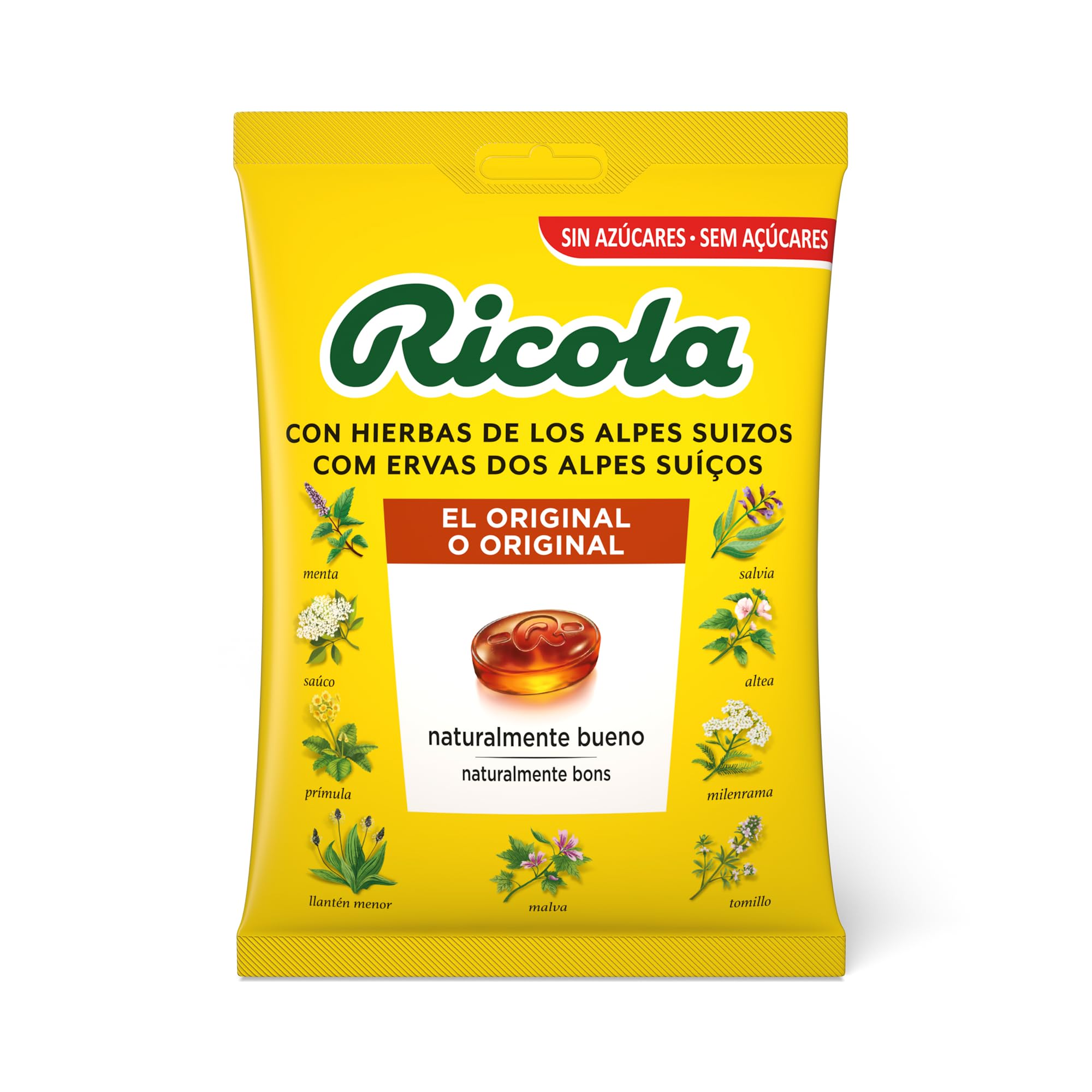 Ricola - Hierbas Suizas Original, Caramelos Duros Sin Azúcar, Refresca, Alivia la Garganta y la Respiración, con Aceites Esenciales de Menta, Mentol y 13 Hierbas Suizas, con Edulcorantes - Bolsa 70 g