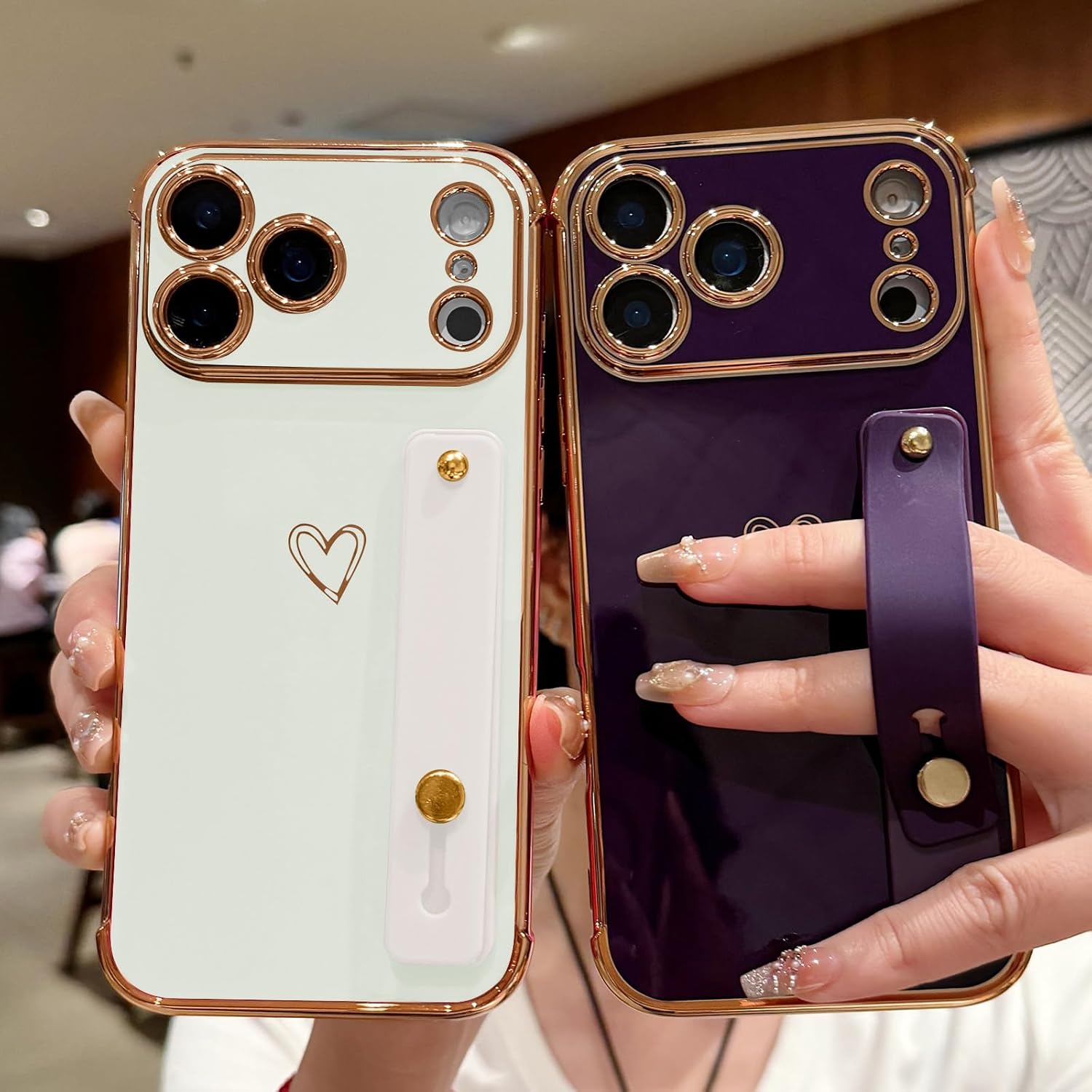 for iPhone 17 Pro Case for Women Girls, Bling Luxury Plated Bumper with Cute Love-Heart Design, Adjustable Hand Strap Stand, Raised Edges Shockproof Protection for iPhone 17 Pro - White - Image 7