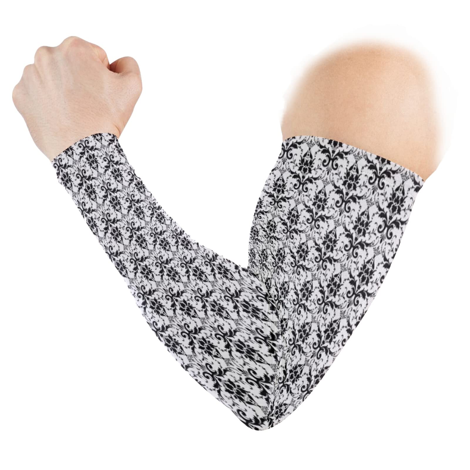 Seamless Black Lace Damask Flowers on White 1 Pair Cooling Sports Arm Sleeves, Cover Uv Sun Protection Warmer for Sports Men Women Running Golf Cycling Riding Jogging