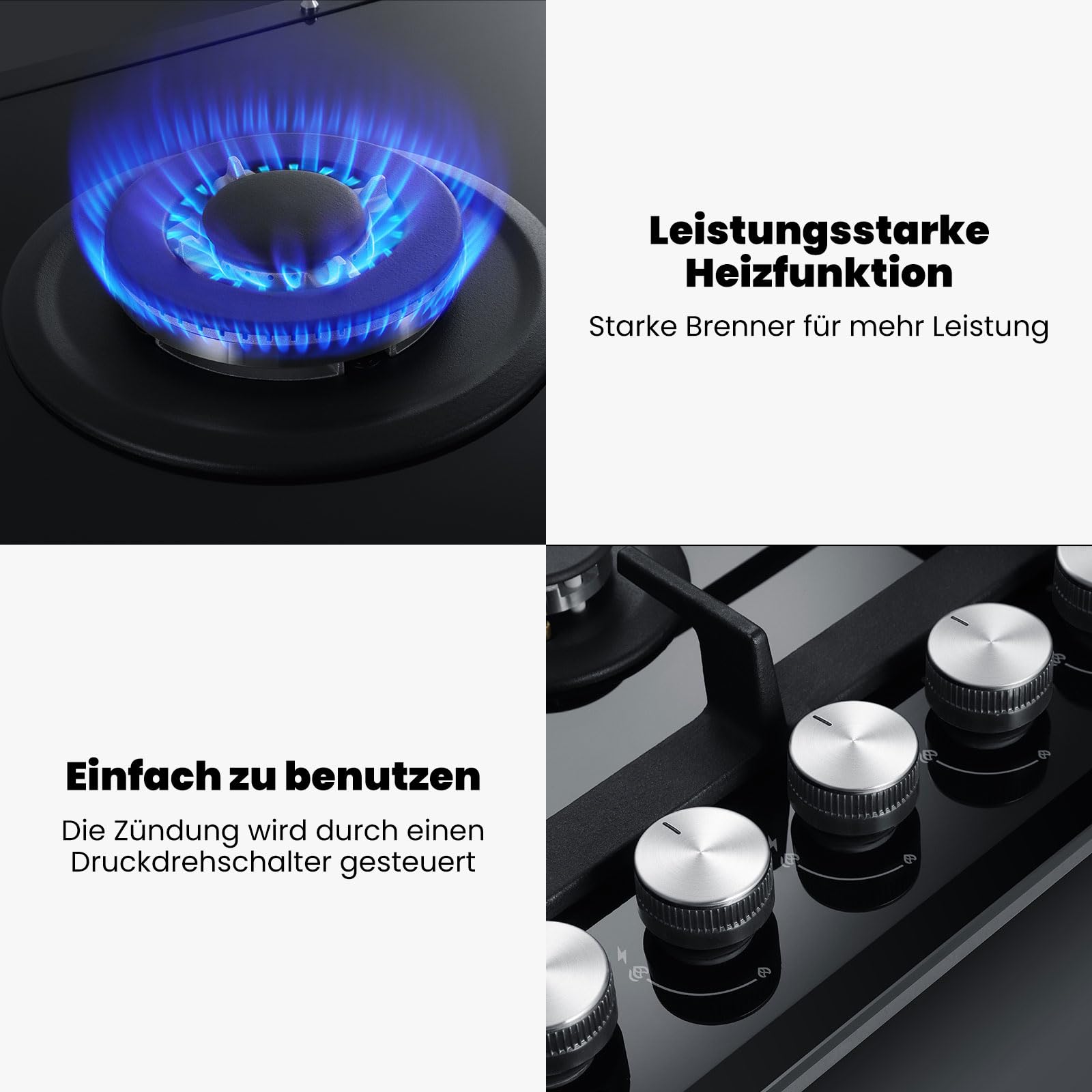 GASLAND GH2905BG1FC Table de cuisson à gaz 5 feux, Cuisinière à gaz avec brûleur wok, Table de cuisson à gaz encastrable, 87 cm noir vitrocéramique, Cuisinière à gaz avec 2 supports, 10400W