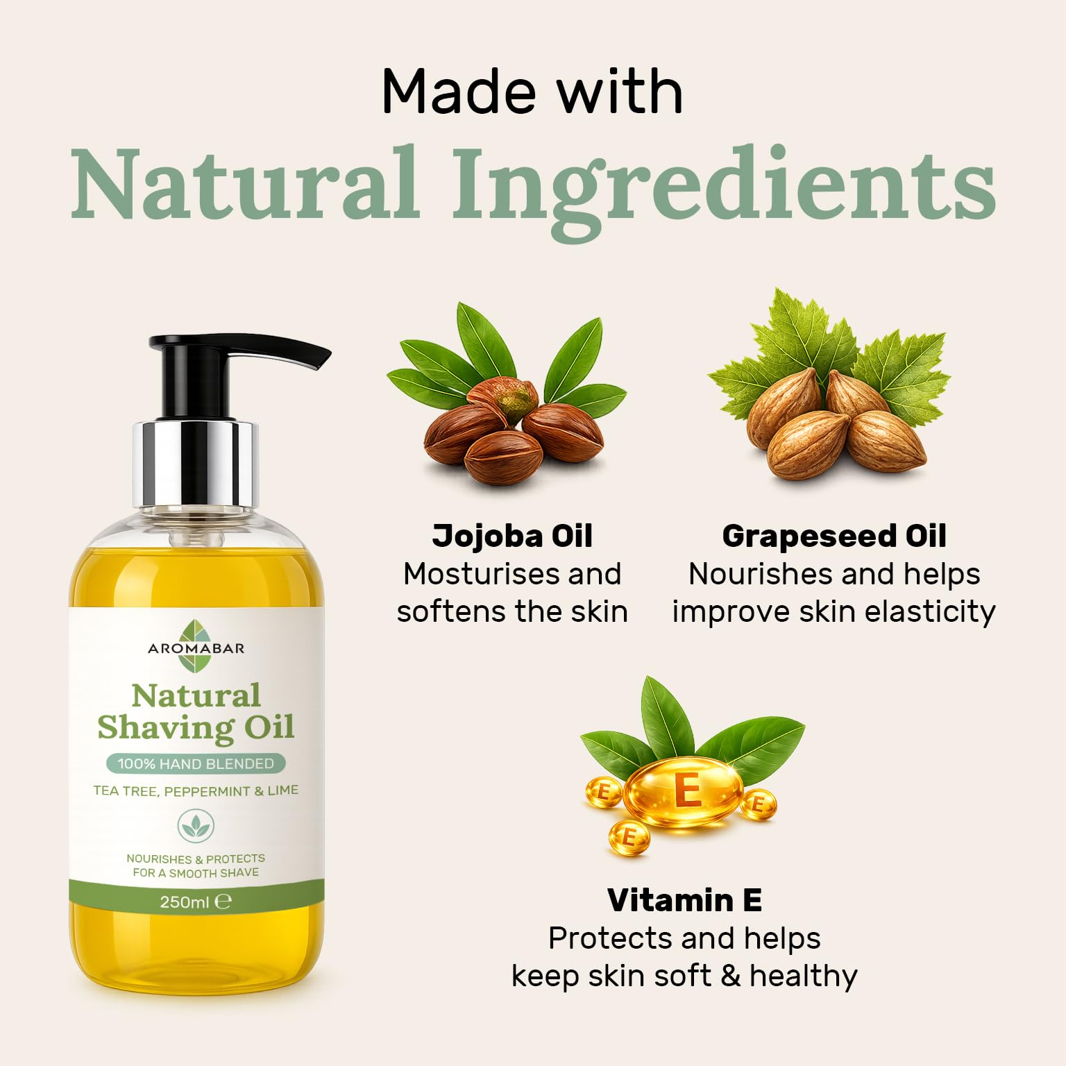 Huile de rasage naturelle arbre de Thé Menthe Poivrée & Limette 250ml 100% pure avec distributeur Pompe Inclus Usage Comme un Huile pré rasage ou après rasage hydrater