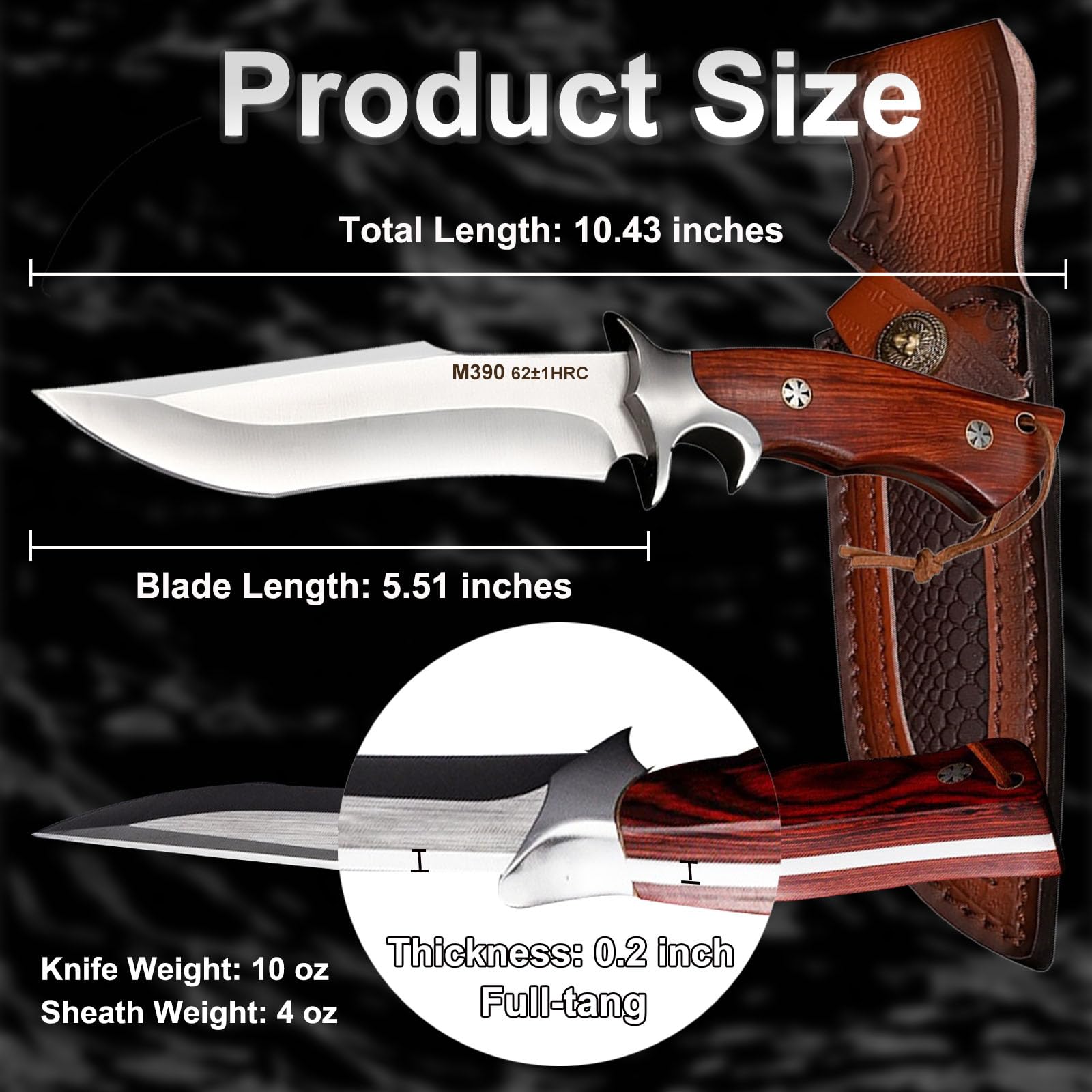 TIANYUE-FONG Hunting Knife - 10.43 Inch Bowie Knife M390 Steel 63 HRC Hardness Full Tang - Fixed Blade Knife with Sheath for Survival Tactical Camping Bushcraft - Red Wood Non-Slip Handle