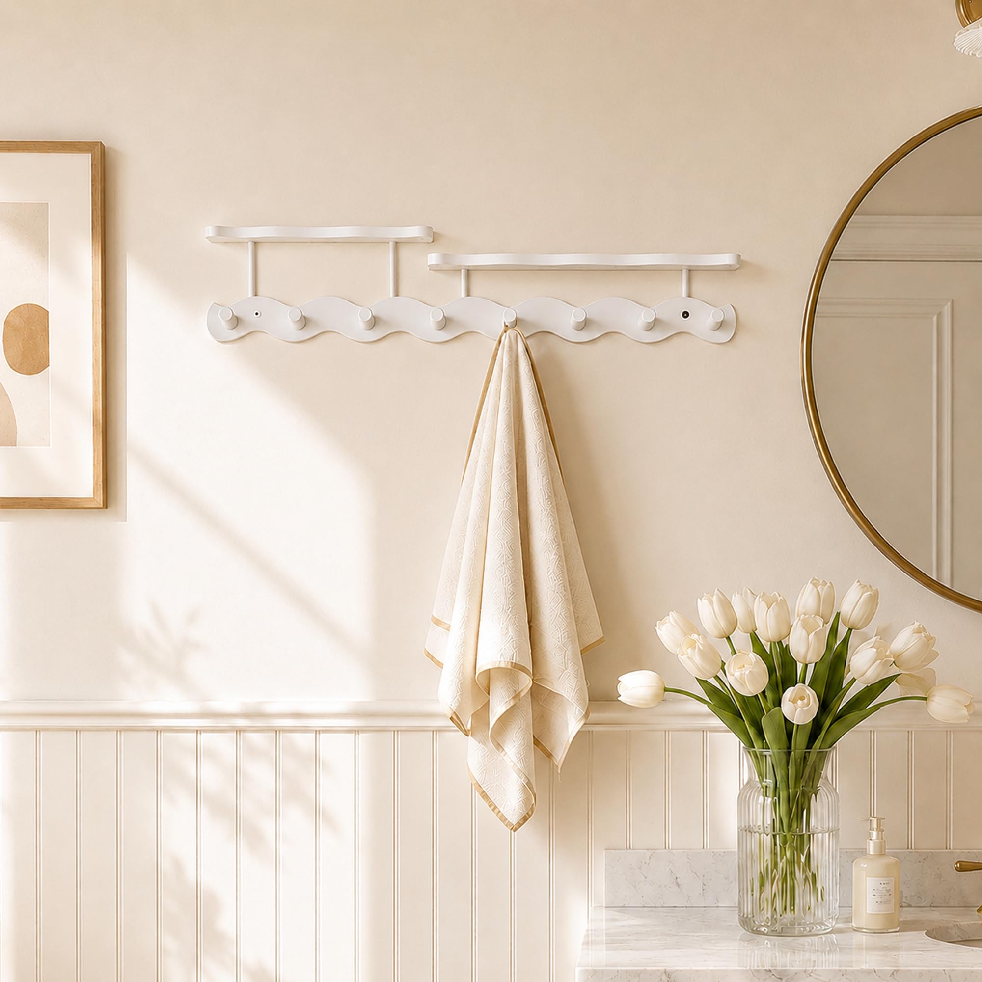 Wandgarderobe mit Ablage, Wandgarderobe, garderobenleiste weiß, Garderobenleiste mit 8 Haken für Flure, Hakenleiste Garderobe für Eingang, Flur, Wohnzimmer und Schlafzimmer (72cm)