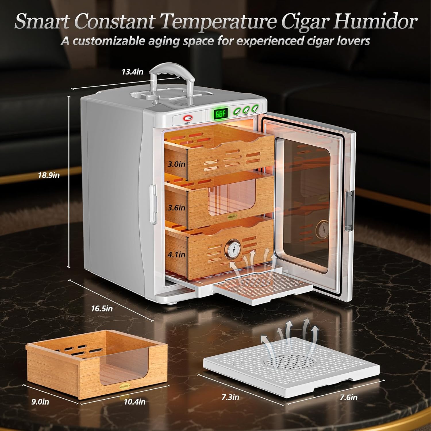 Cigar Humidor Cabinet, 25L Electric Thermostatic LED Cigar Humidor for 160-200 Cigars, Cedar Wood Shelves, Hygrometer & Humidifying Tray, Glass Door, ABS Moisture proof Shell, Cigar Care Partner