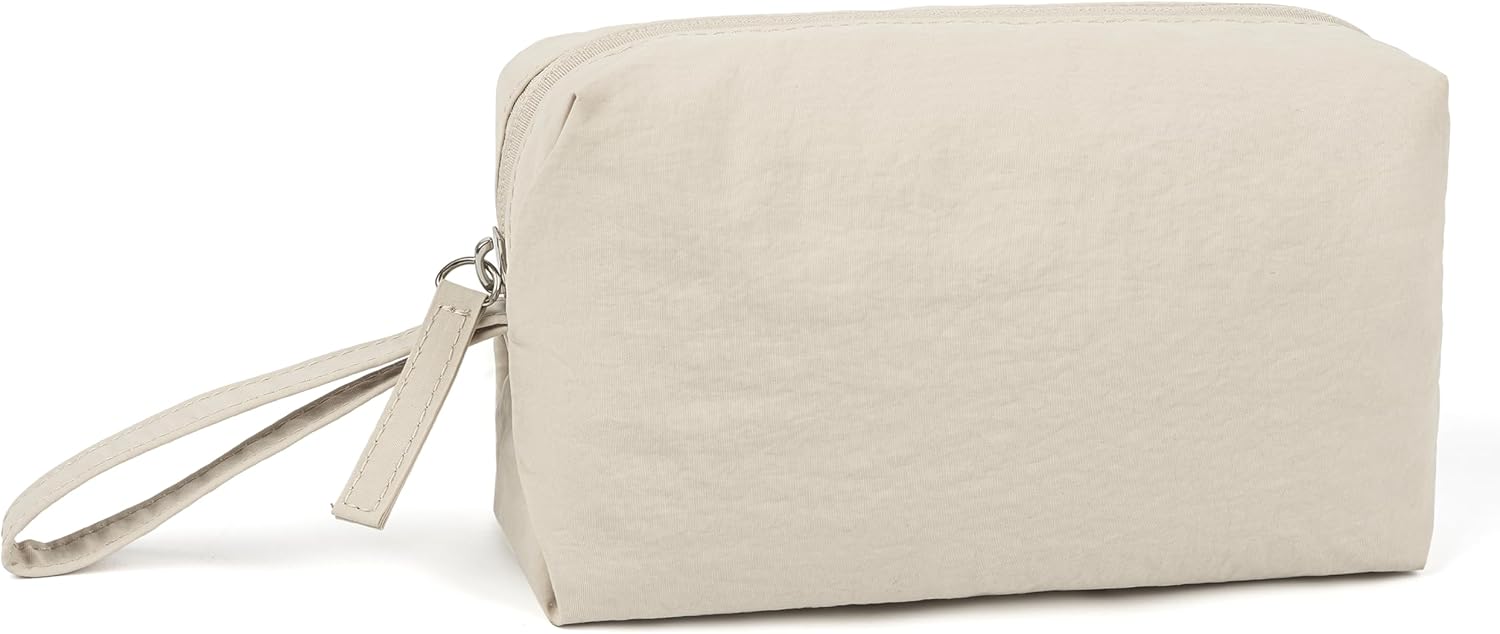 Mini Cosmetic Bag, Daily Waterproof Makeup Purse and Toiletry Organizer Case, Foldable Lightweight Clutch Pouch Bag (2-Beige)