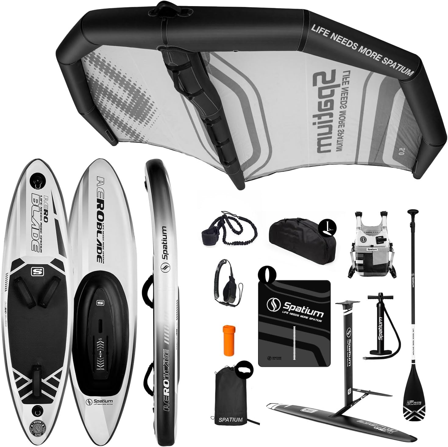 Spatium 4m² KVS Handheld Inflatable Wingfoil Downwind Surfing Board 150L with Fiberglass Paddle with 1310 Detachable Foil for Beginner Practice Watersports Surfing