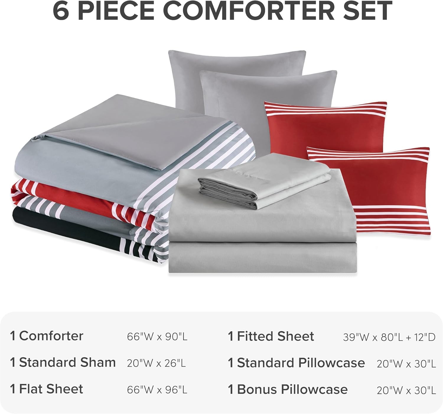 Comfort Spaces Twin XL Comforter Sets with Sheets - Bed in a Bag 6 Pieces Teen Bedding Sets, Red and Grey Stripes Bedding Twin XL, College Twin XL Bed Set with 2 Side Pockets Bedroom Organizer - Image 5