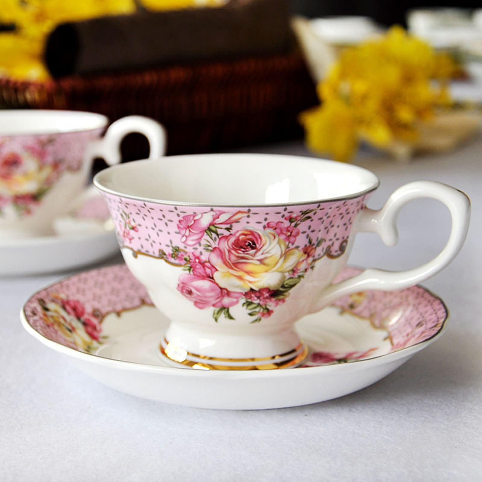 Ceramiczna filiżanka i spodek do espresso w kwiaty | Wielokolorowa kawa i herbata Cappuccino: gorący napój(Pink)