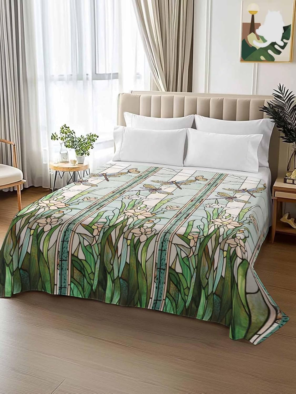 Twin XL Flat Sheet, Dark Green Grass Twin XL Bed Sheets Only, Soft Microfiber Flat Sheet, Flower Dragonfly Retro Pastoral Rustic Hotel Quality Bedding Top Sheet Bedroom Home Dorm Decor