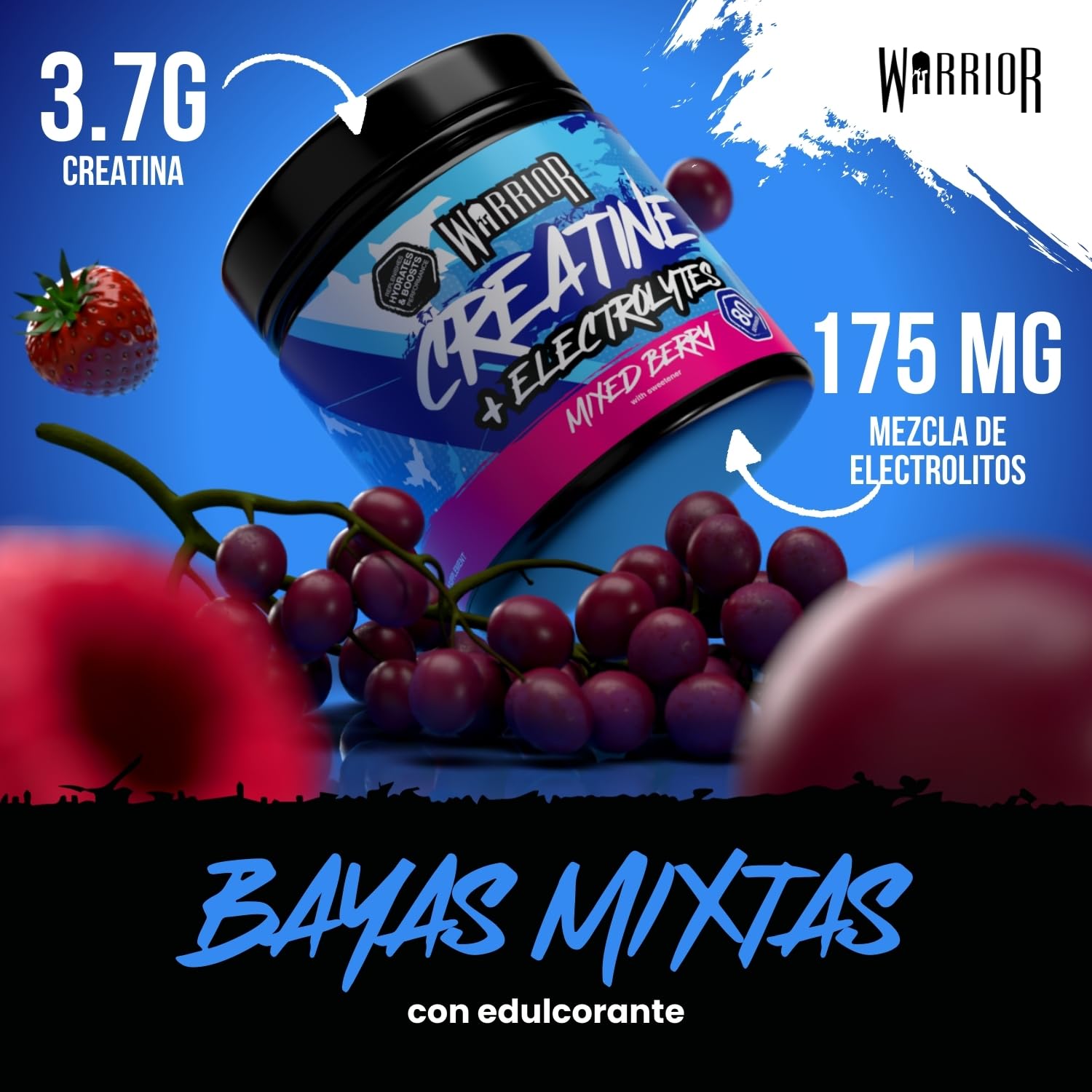 Warrior Creatine Monohydrate Plus Electrolytes Powder 360 g - Bebida de hidratación y rendimiento - Batido nutricional para promover el crecimiento muscular - 80 raciones (Mezcla de frutos rojos)