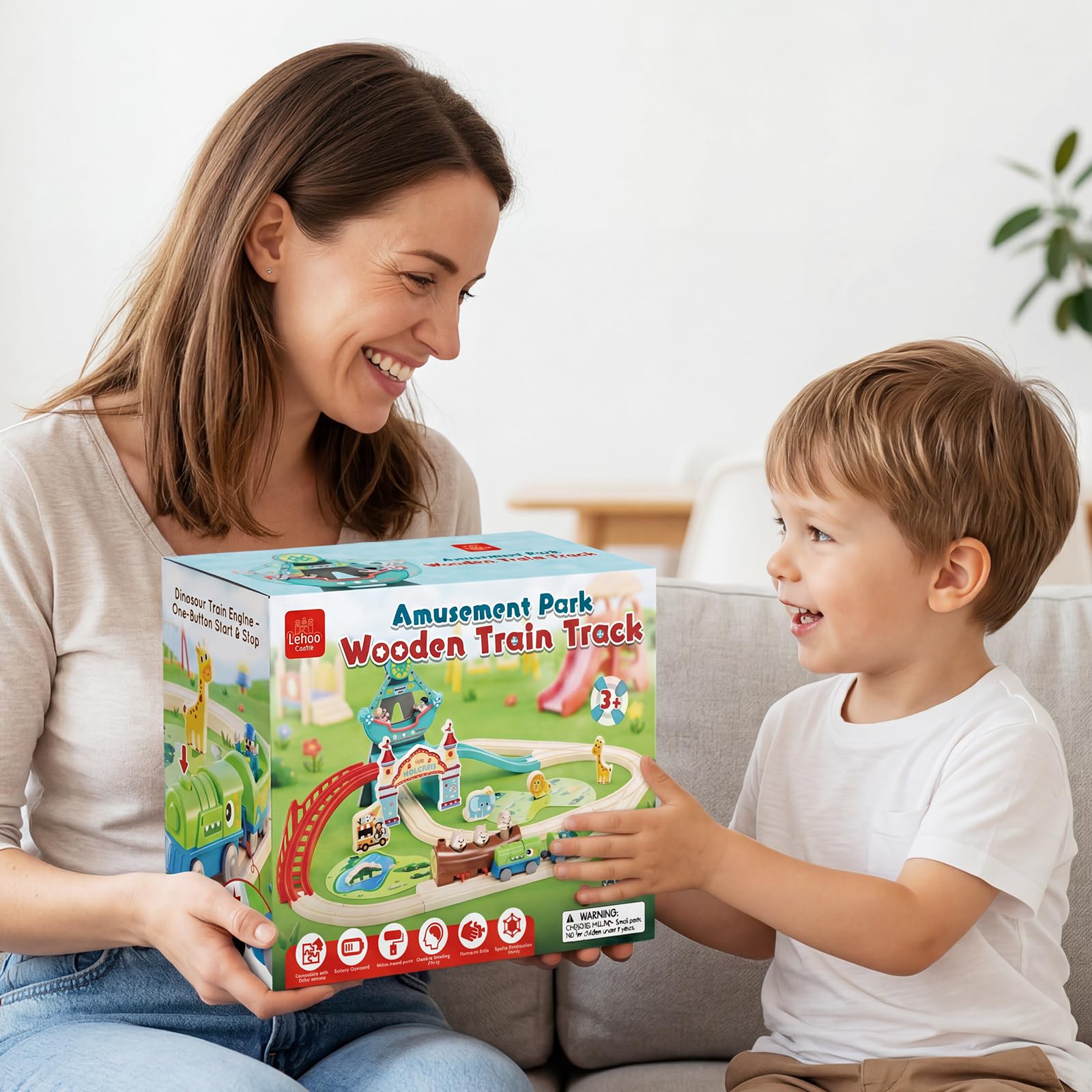 Lehoo Catsle Tren Juguete con Locomotora de Dinosaurios, Tren Electrico Juguete Niños 3+ Años, Juguetes de Mader, Tren Eléctrico Infantil, Regalo para Niño