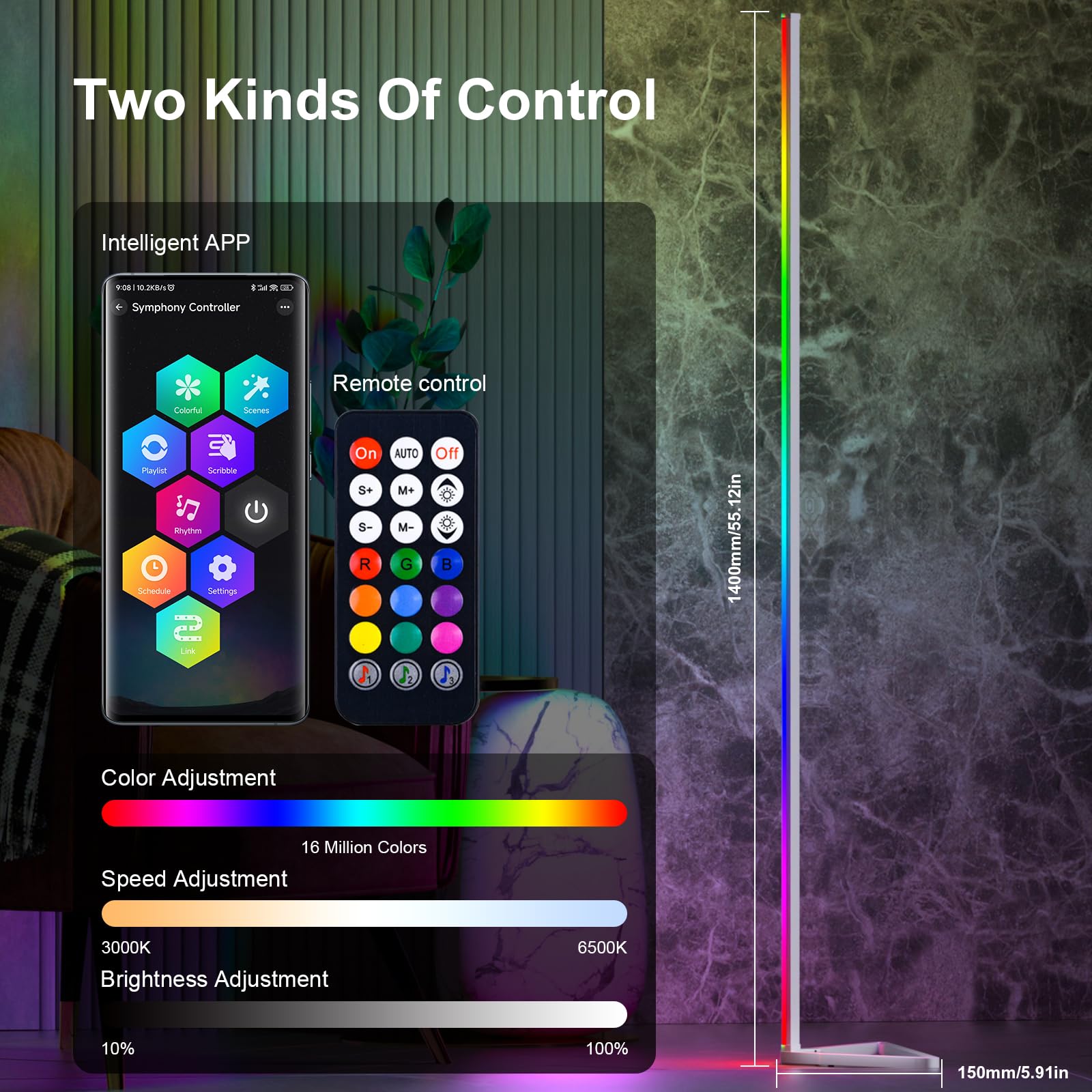 Lámpara de pie de esquina blanca, lámpara de esquina LED RGB inteligente con aplicación y control remoto, 16 millones de colores y más de 68 escenas, sincronización de música, ajuste de