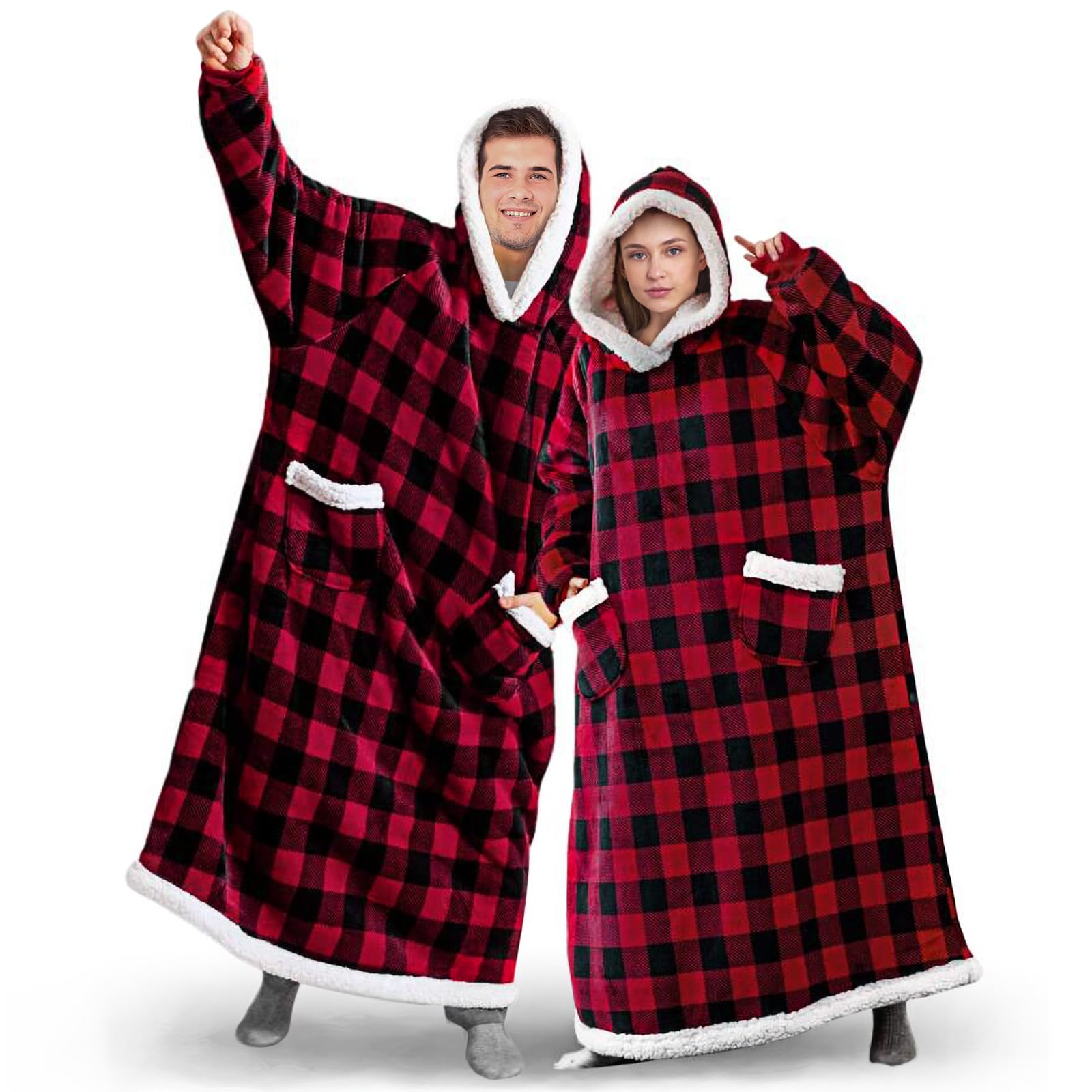 Bardzo długi koc oversize z kapturem, super ciepły, miękki koc z kapturem Sherpa, wygodny do noszenia, przytulny koc, bluza z dużymi kieszeniami, jeden rozmiar, pasuje do wszystkich mężczyzn, kobiet,