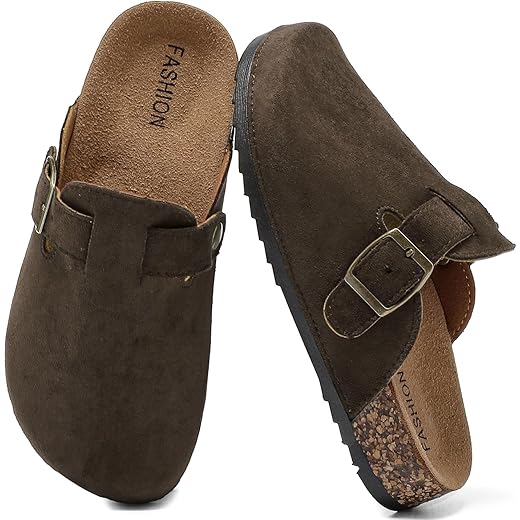 XTJSCBDSH Kids Suede Clogs with Cork Footbed, Toddler Boys Girls Sandals, Adjustable Buckle Slip-On Slippers, Arch Support Mules for Indoor Outdoor