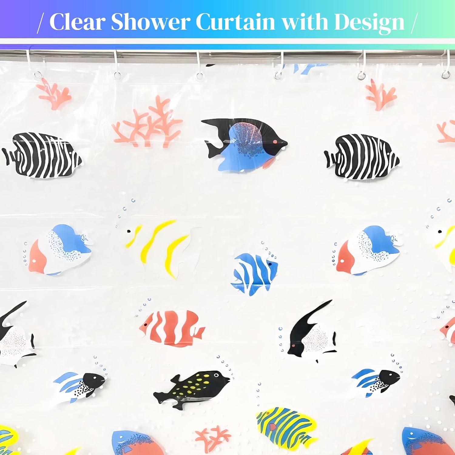 Clear Tropical Fish Shower Curtain Liner with Design, Lightweight Plastic Transparent See Through Shower Curtain Fish with 12 Hooks for Bathroom, 72x72 Grommet Cute Animal Shower Curtains Set