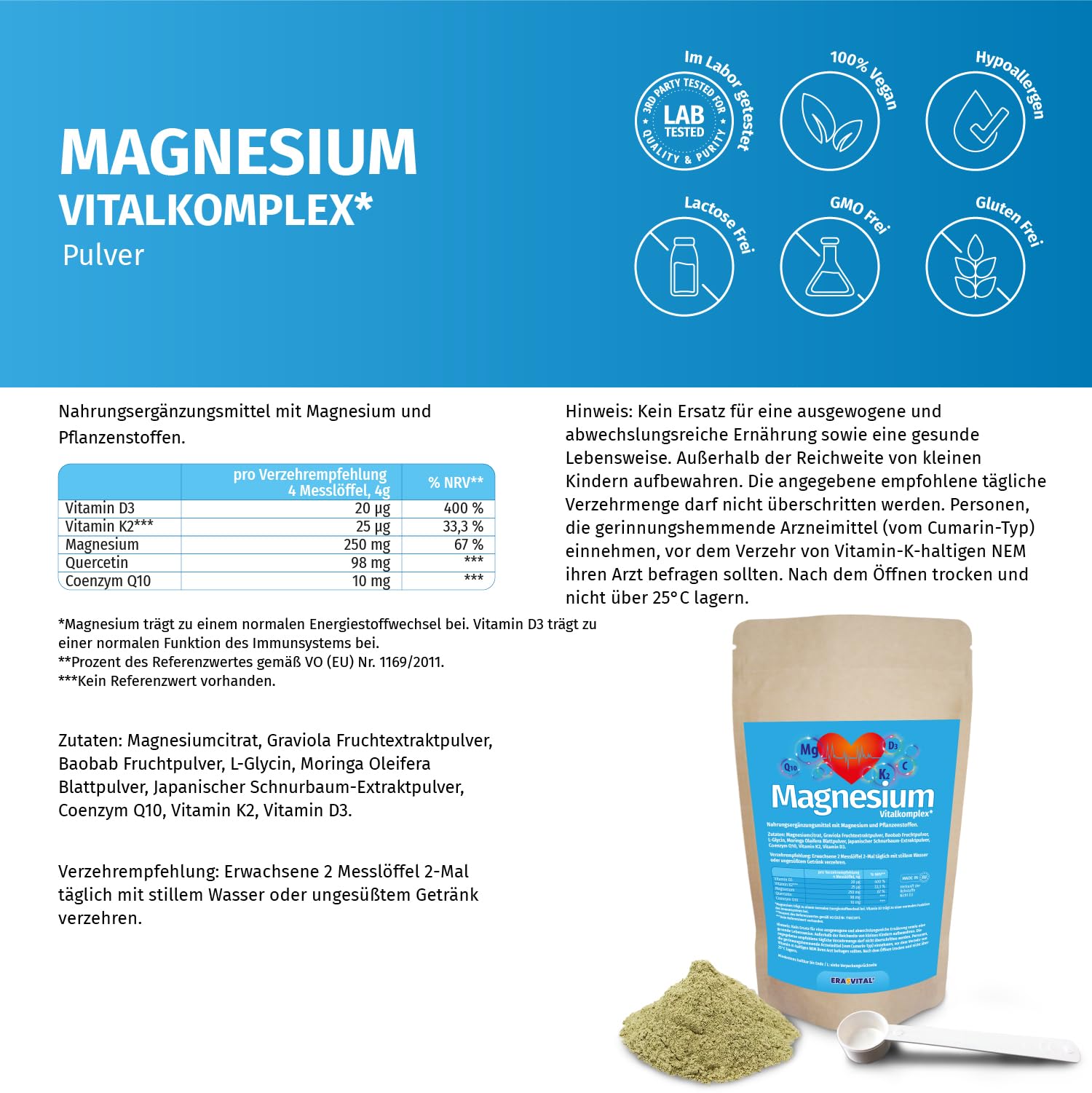 Magnesium Vitalkomplex Pulver mit Magnesium-Citrat, Baobab Fruchtpulver, L-Glycin, Coenzym Q10, Vitamin K2, Vitamin D3. Vegan (500 g (1 er Pack))