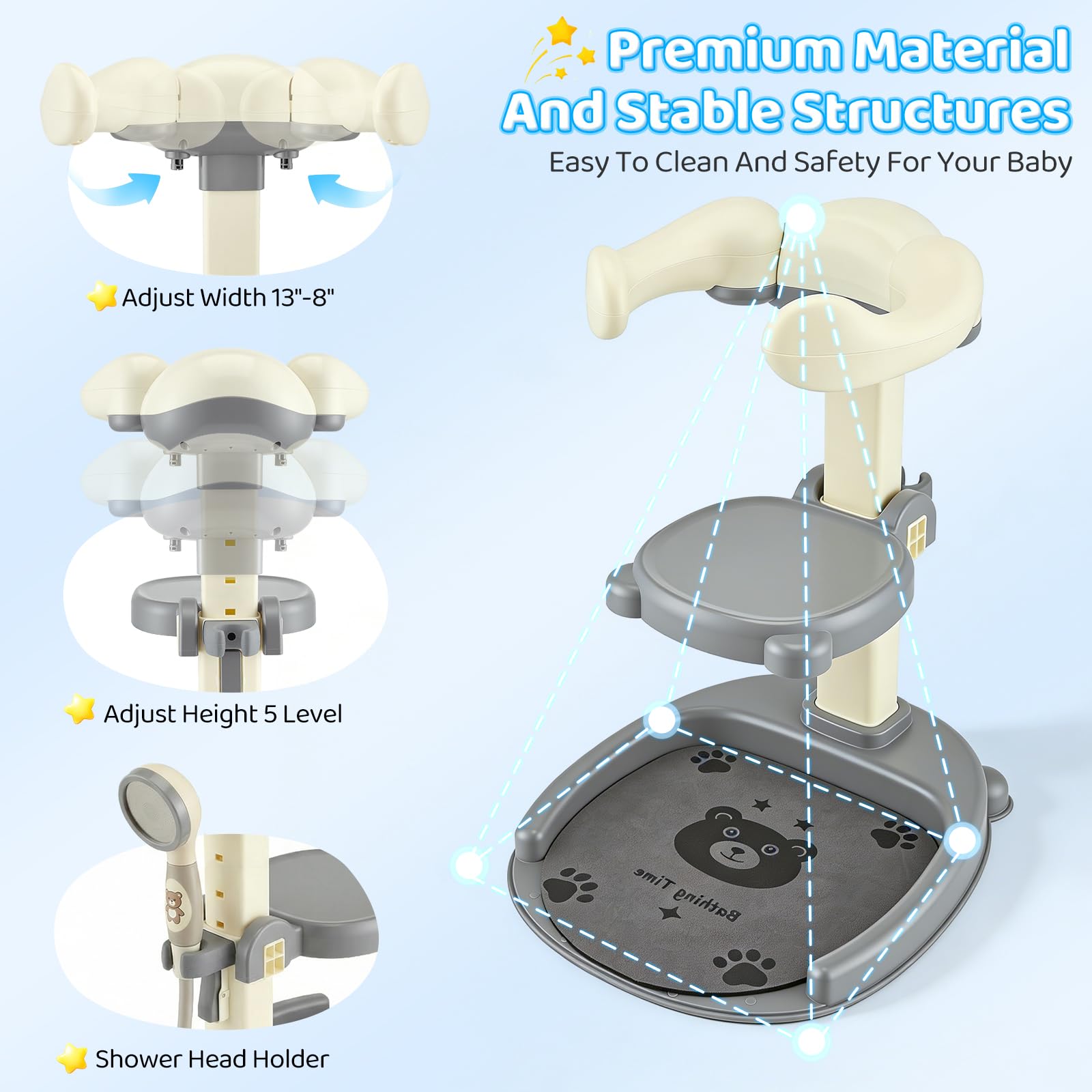 Supporto per Doccia per Bambini 2 En 1,Soporte De Baby Shower,Con Soporte Para Cabezal De Ducha,Altura Ajustable,Con Piso Sin Deslizamiento Y Mango De Seguridad,Soporte De Ducha Durante 8-36 Meses
