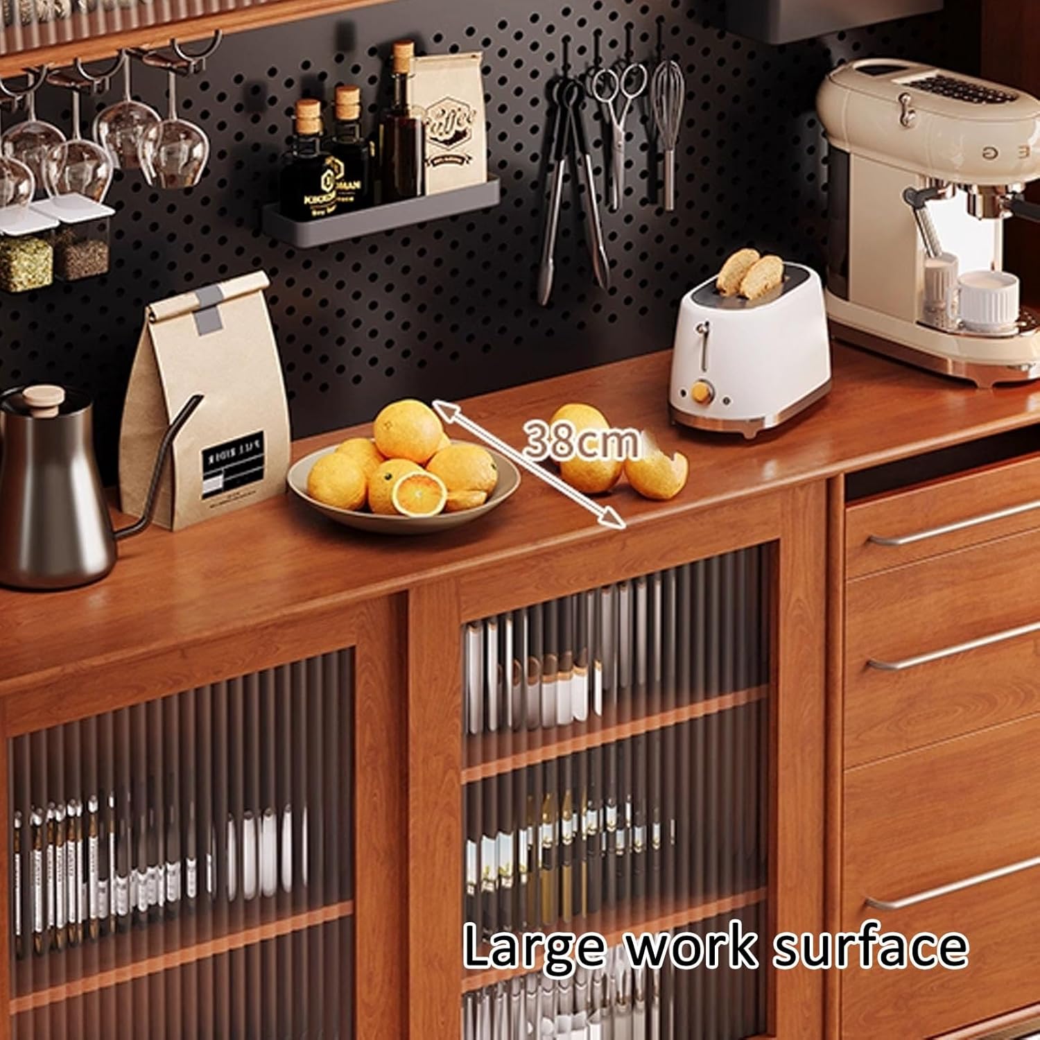 Tall Sideboard Buffet Hutch Cupboard Cabinet, Accent Storage Cabient with Glass Doors, Coffee Bar Cabinet with Pegboard and Drawers, Kitchen Hutch Cabinets for Indoor(150cm/59in)