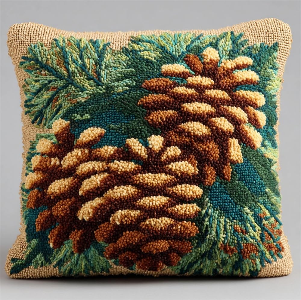 FWRTYCB Latch Hook Pillow Kits for Adults Pinecones and Pine Leaves Knitti