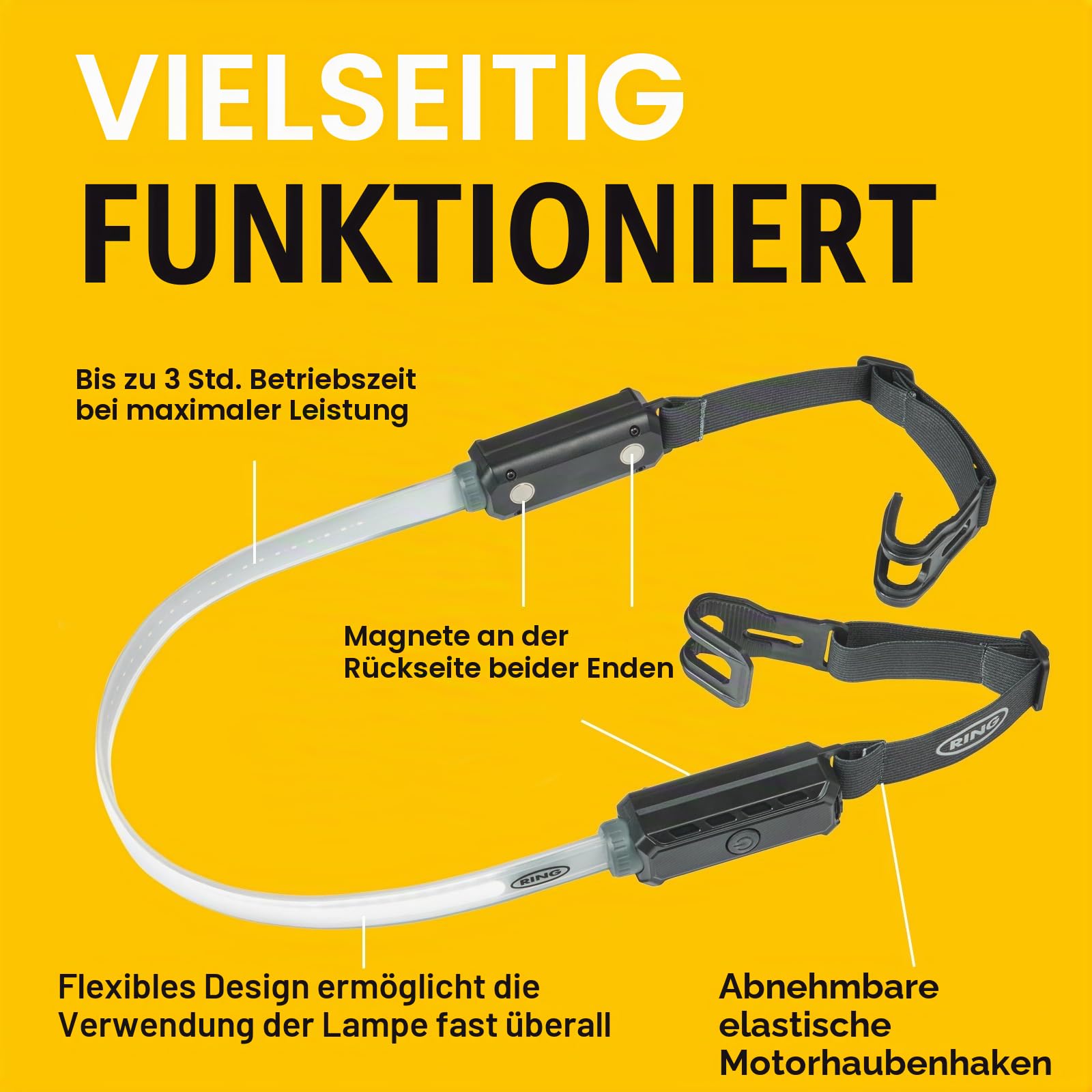 Ring Automotive RUBL1500 Wiederaufladbare 1000 Lumen Flexible Arbeitsleuchte unter der Motorhaube mit magnetischer Halterung, USB-C Laden, 3 Lichtmodi, Notfall-Blitzmodus, Schwarz