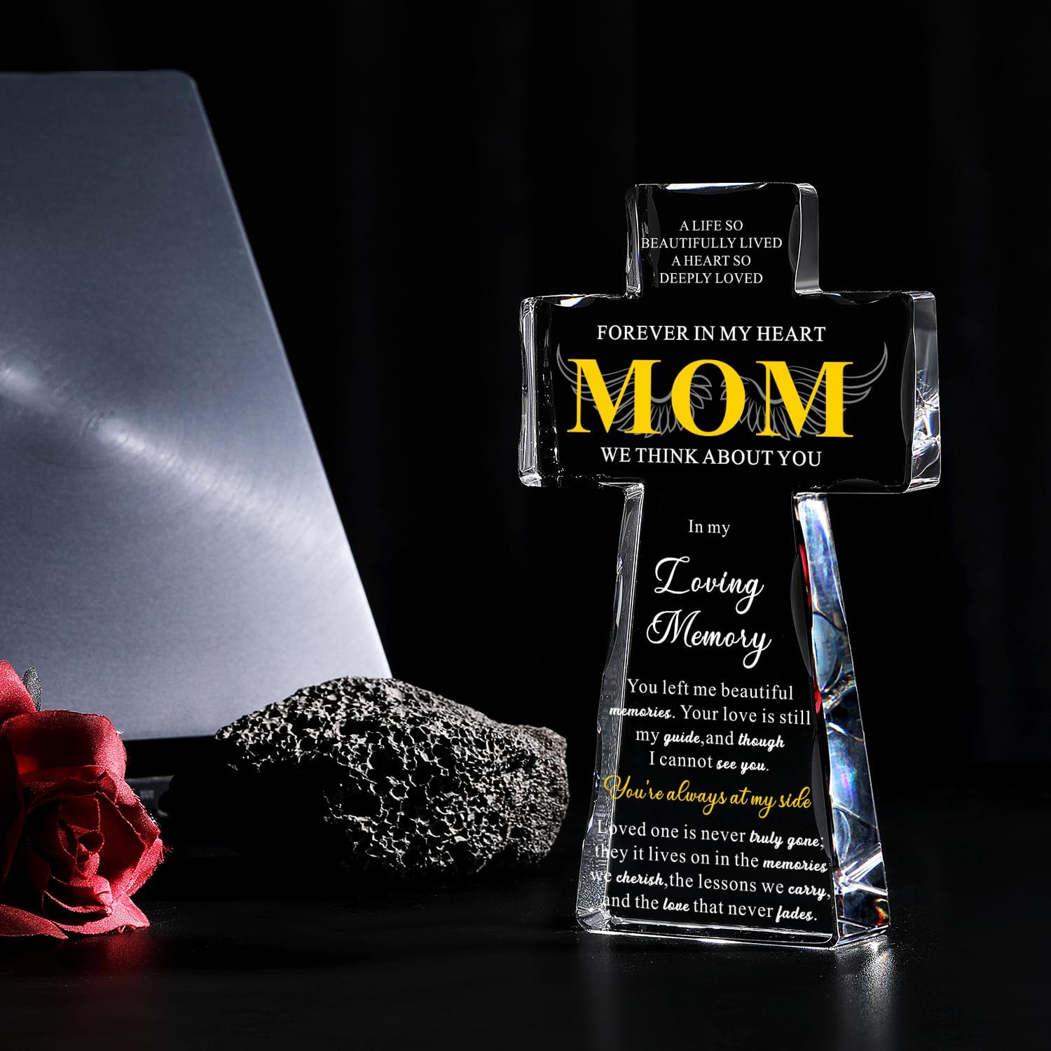 Memorial Gifts for Loss of Mom - Religious K9 Crystal Cross 4.3x7 Inch, Sympathy Gifts for Loss of Mother with Laser Engraving, Condolences Bereavement Remembrance Gift in Memory of Mom