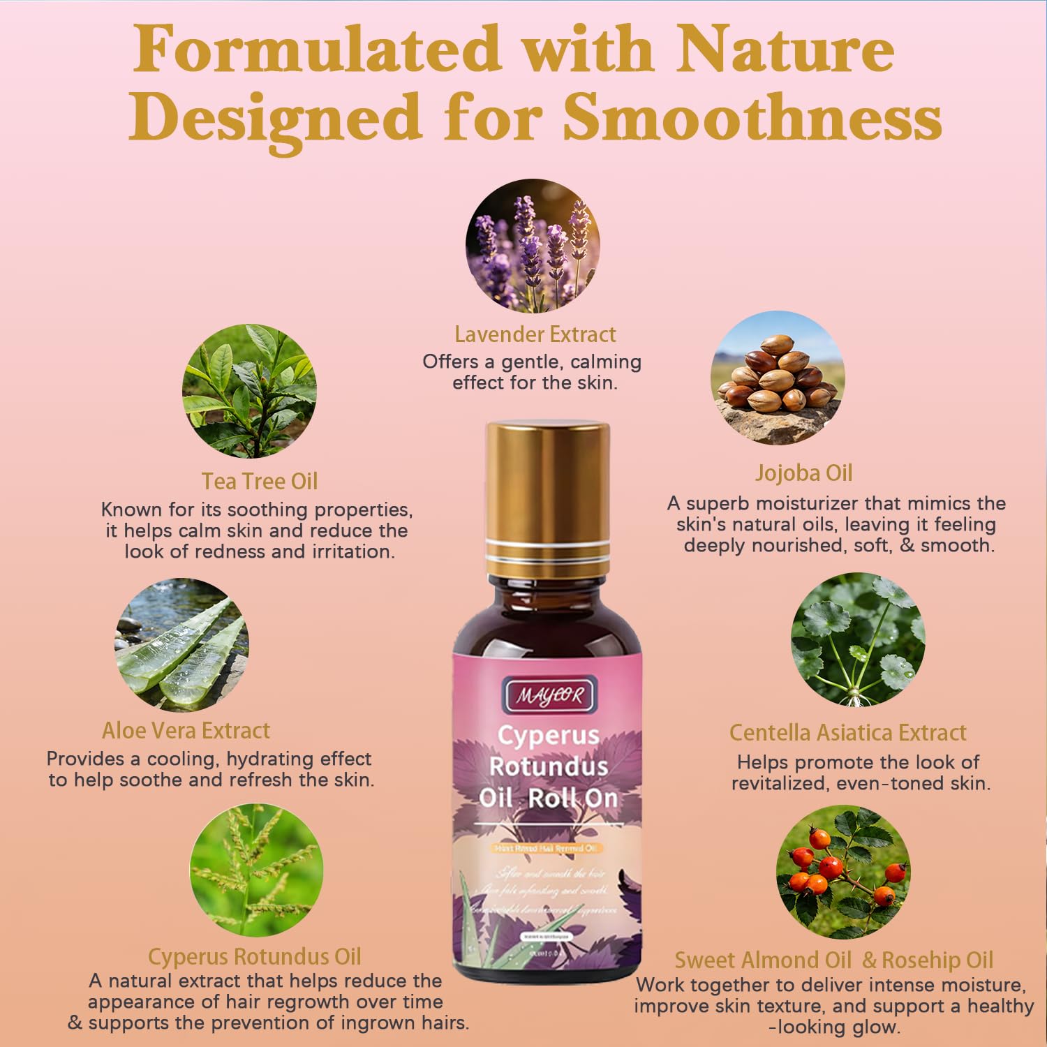 Cyperus Rotundus Oil Roll-On | Natural Nut Grass Oil, Helps Slow Hair Regrowth Appearance & Soothe Razor Bumps | Post-Shave & Post-Wax Soothing Care for Sensitive Skin on Face & Body, Non-Greasy
