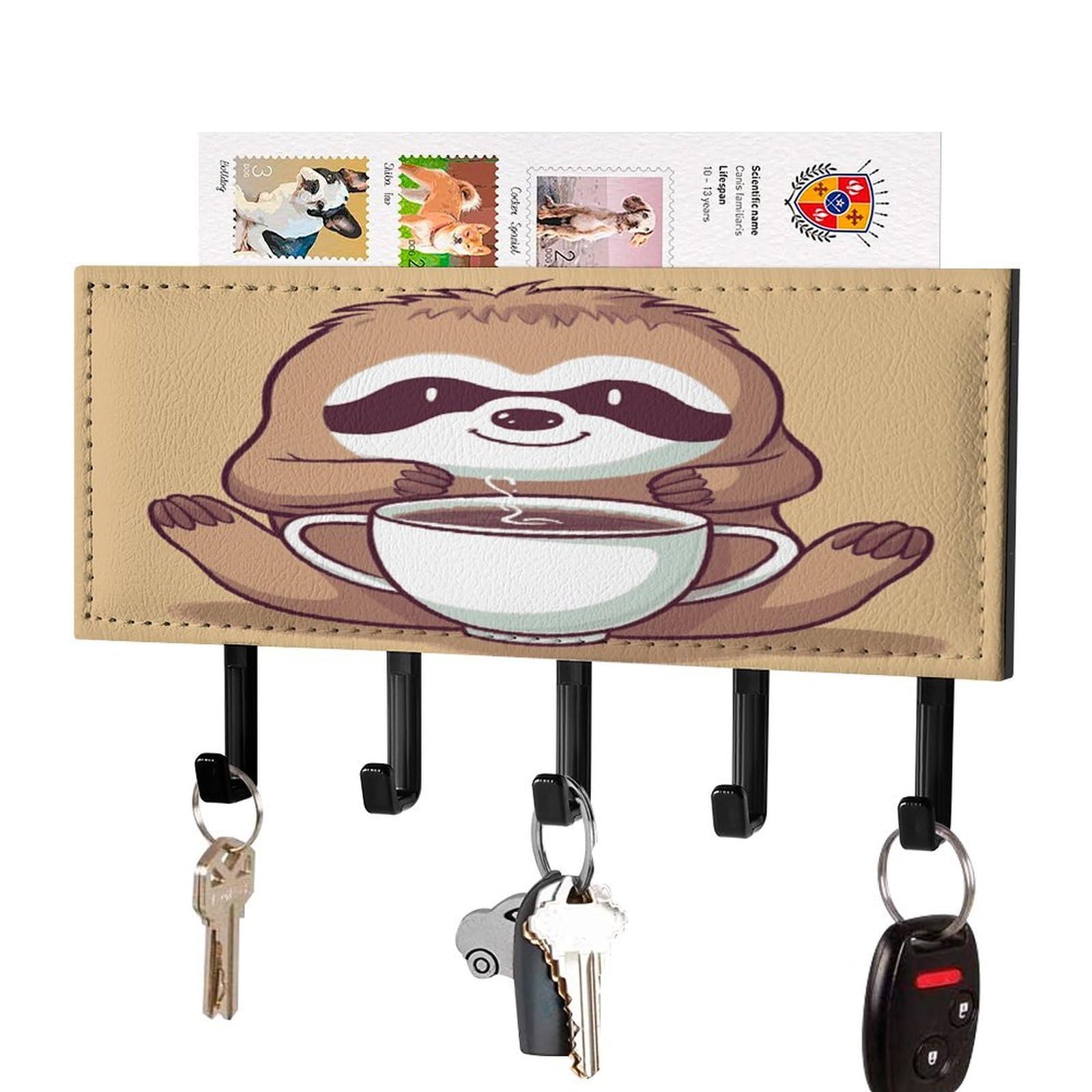 MUSM Yoga Sloth Coffee Key Holder for Wall,Mail Organizer Wall Mount with 5 Hooks,Easy Installation Key Rack for Home Decor, Hallway, Entryway, Appartment
