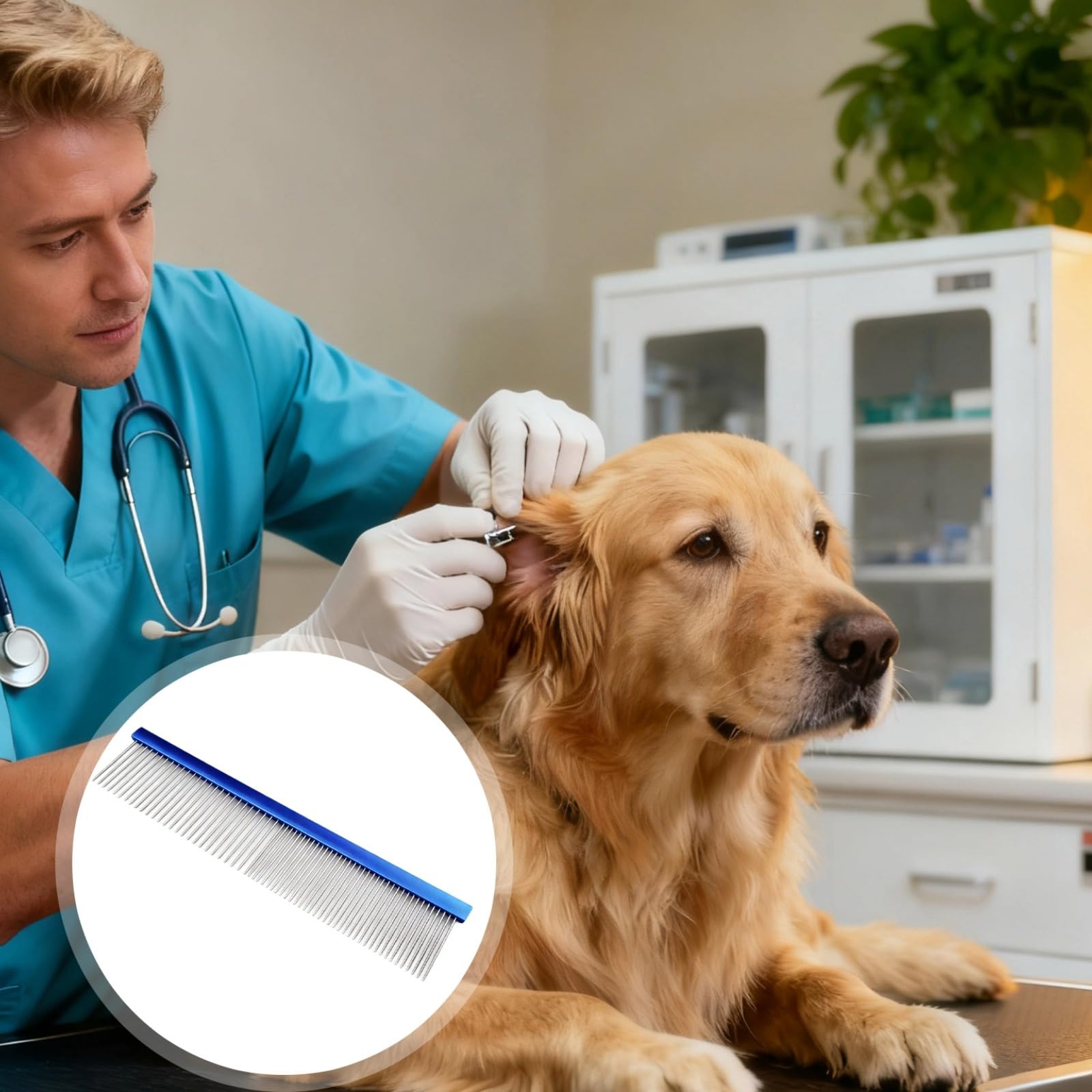 M15 Hundekamm für die Fellpflege, blauer Edelstahlzinken-Kamm mit 1,5 in / 3,8 cm langen Stiften, leichter Aluminiumgriff für verfilztes und feines Fell, 7,5 in / 19 cm lang für Hunde