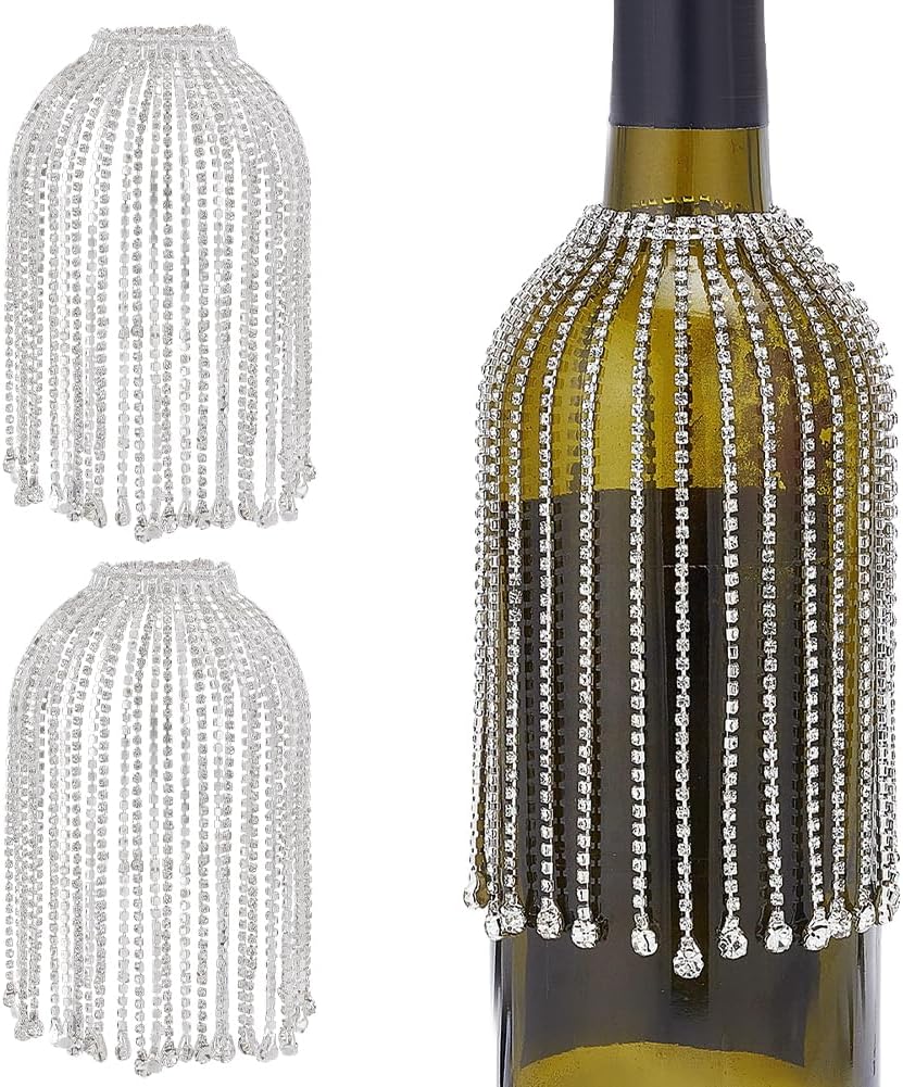 OLYCRAFT 2Pcs Silver Wine Bottle Rhinestone Tassel 4.7 Inch Veil Champagne Bottles Rhinestone Tassel Champagne Bottles Decorative Fringe Wine Bottle Decorative Charms for Party Wedding Decorations