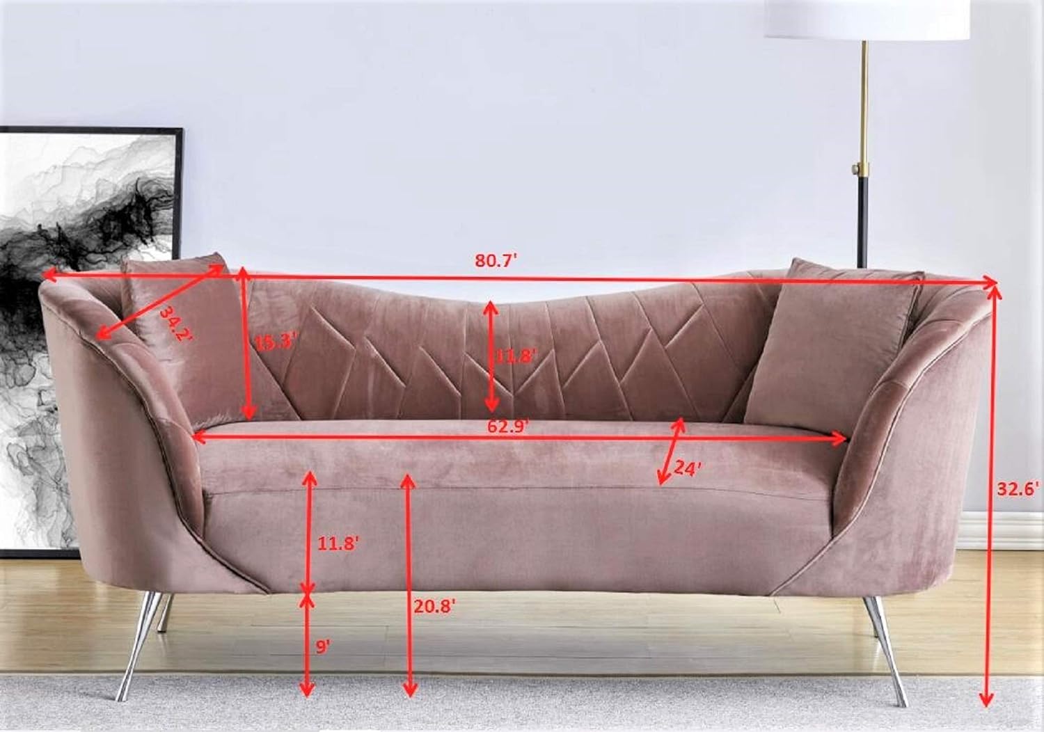 Container Furniture Direct Koger Mid Century Modern Living Room Velvet Chesterfield, Sofa and Loveseat, Rose