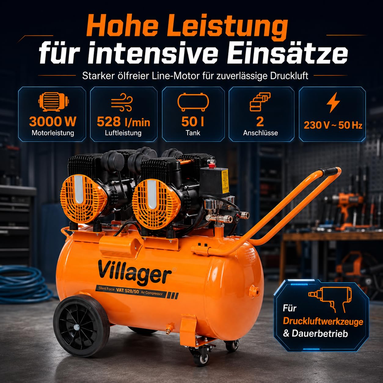 Villager Flüsterkompressor SILENT FORCE VAT 528/50 Kolbenkompressor 8 Bar – Leiser Kompressor, 528 l/min, 50 l Tank, 3000 W, ölfrei & leise - Silent-Kompressor VI-067194
