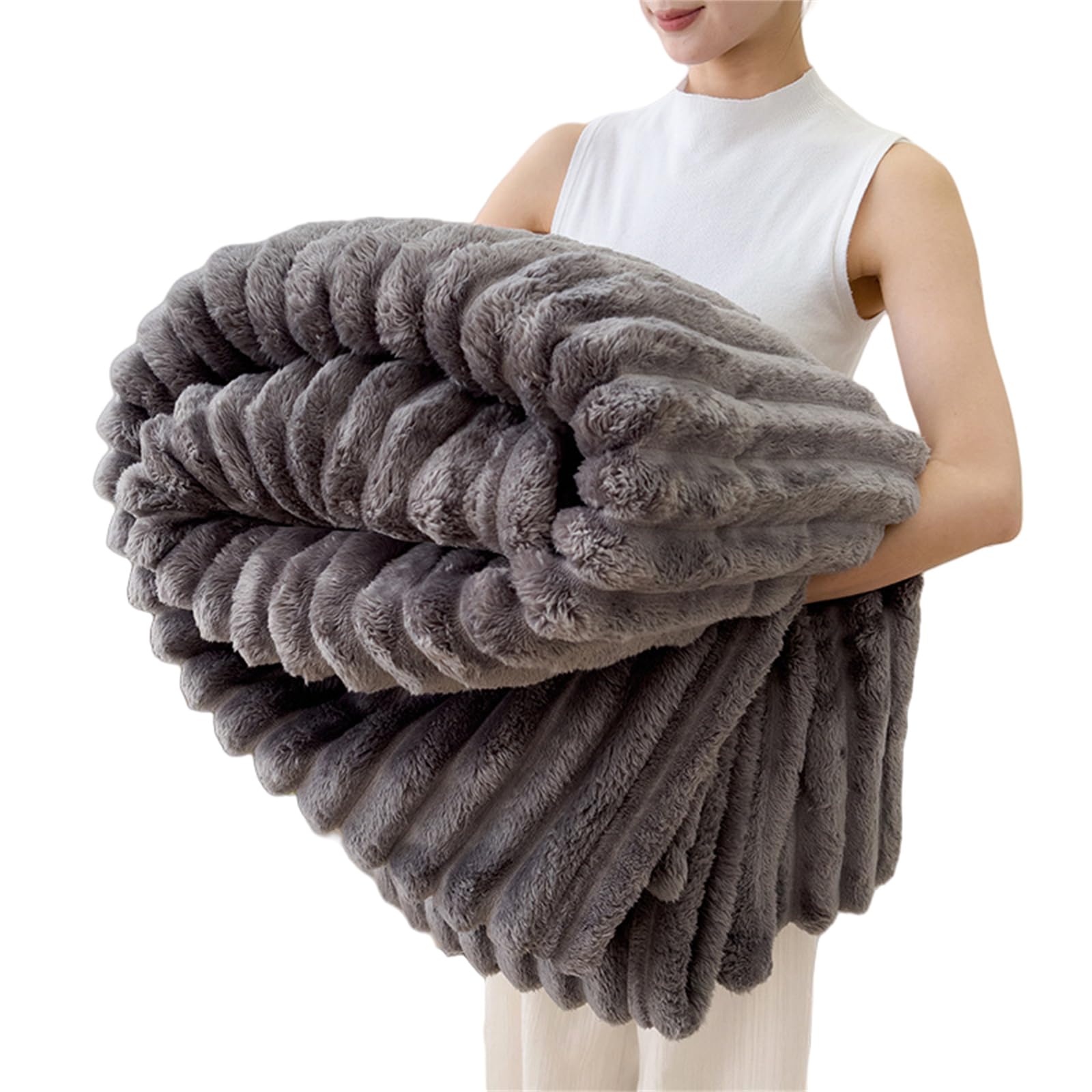 Couverture en peluche lapin haut de gamme plaid chaud gris foncé