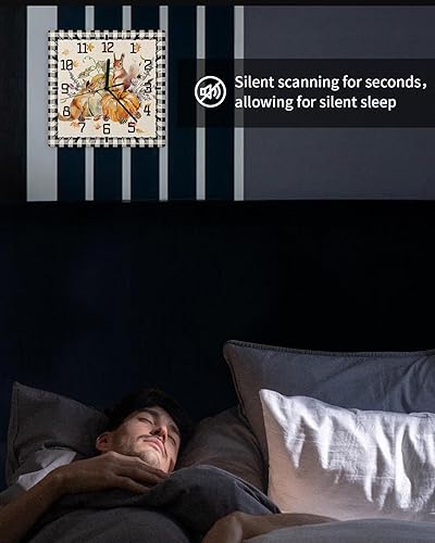 Miniatura 6 de Thanksgiving Wooden Wall Clock Silent Non Ticking, Pumpkins Squirrel Fall Maple Leaves Black Plaid Square Wall Clock Battery Operated, Decor Clock